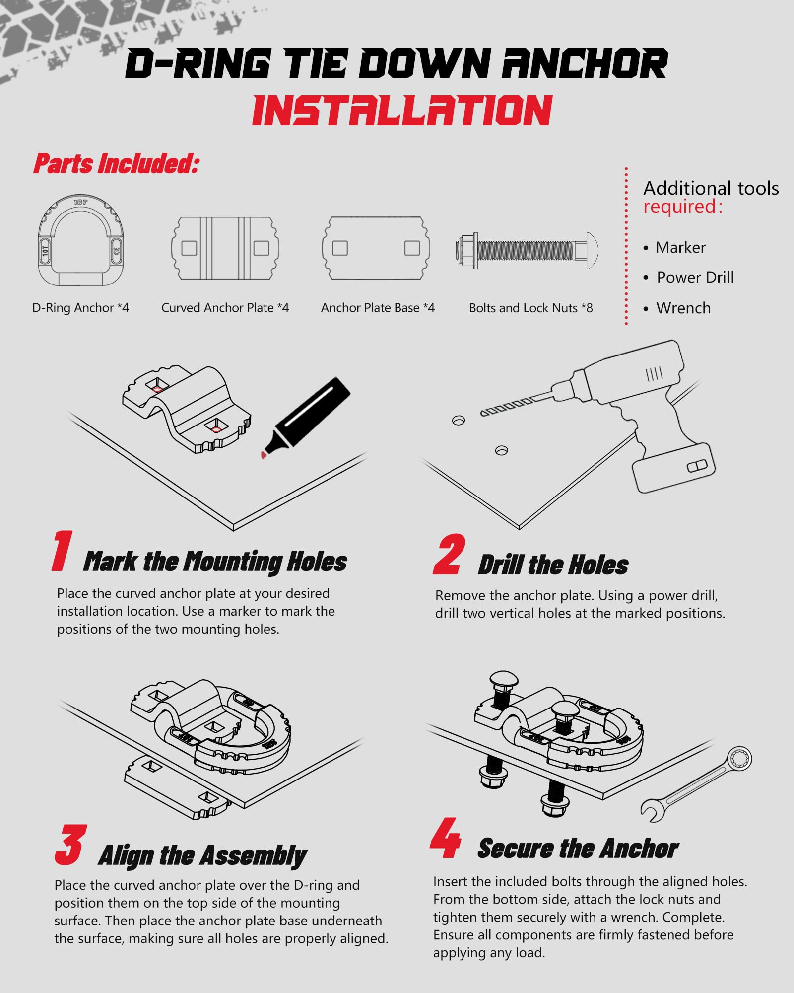 AMBULL D-ring with included bolts and lock nuts laid out for easy installation