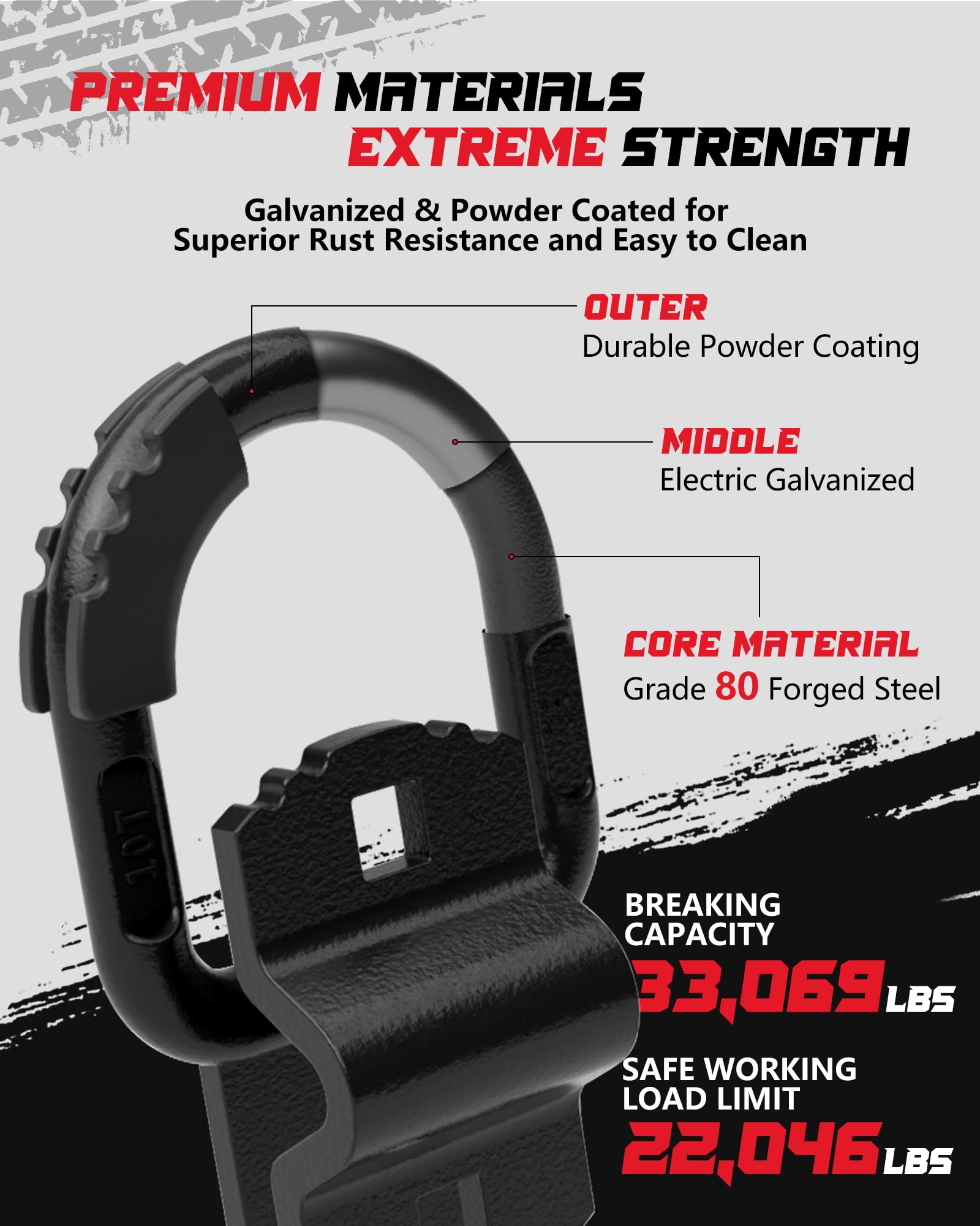 AMBULL D-ring powder-coated finish detail illustrating corrosion resistance benefit