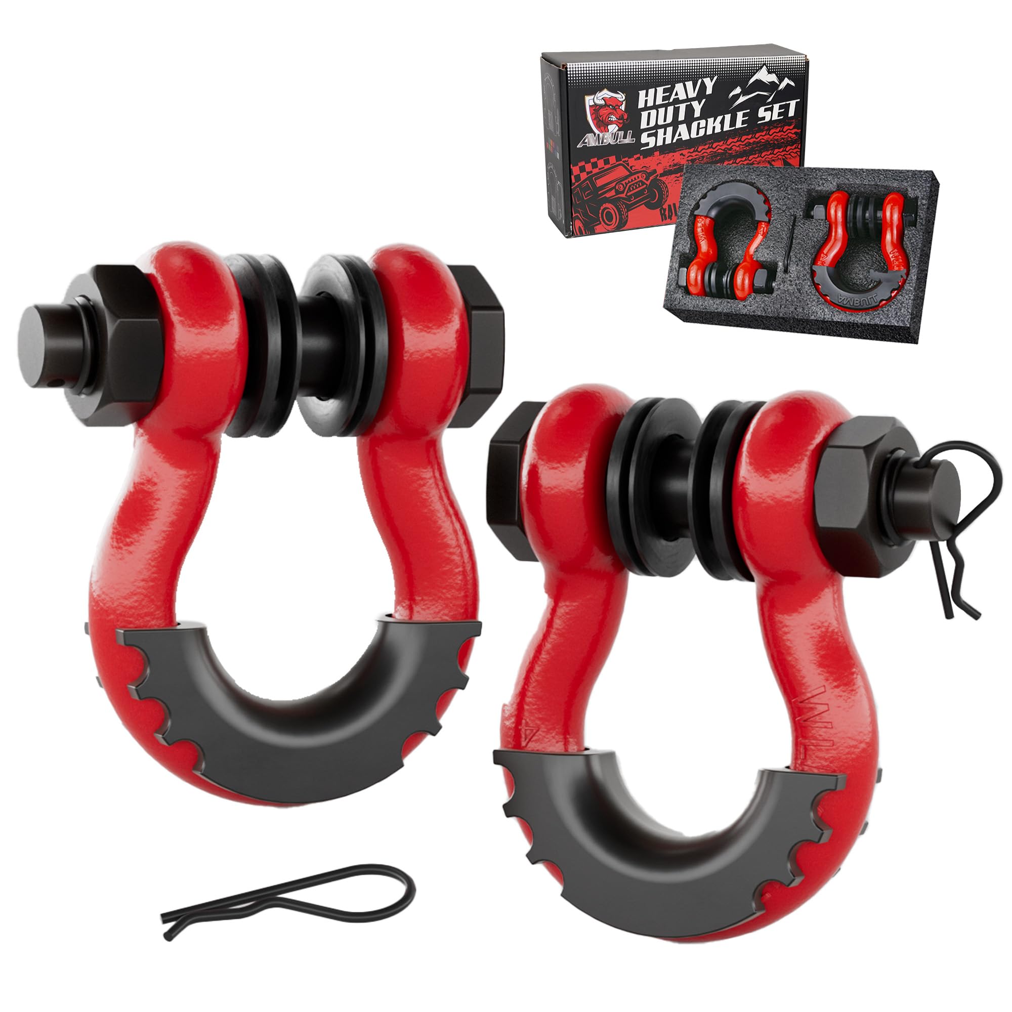 AMBULL front view of two red D-ring shackles showing sturdy build and clear labeling