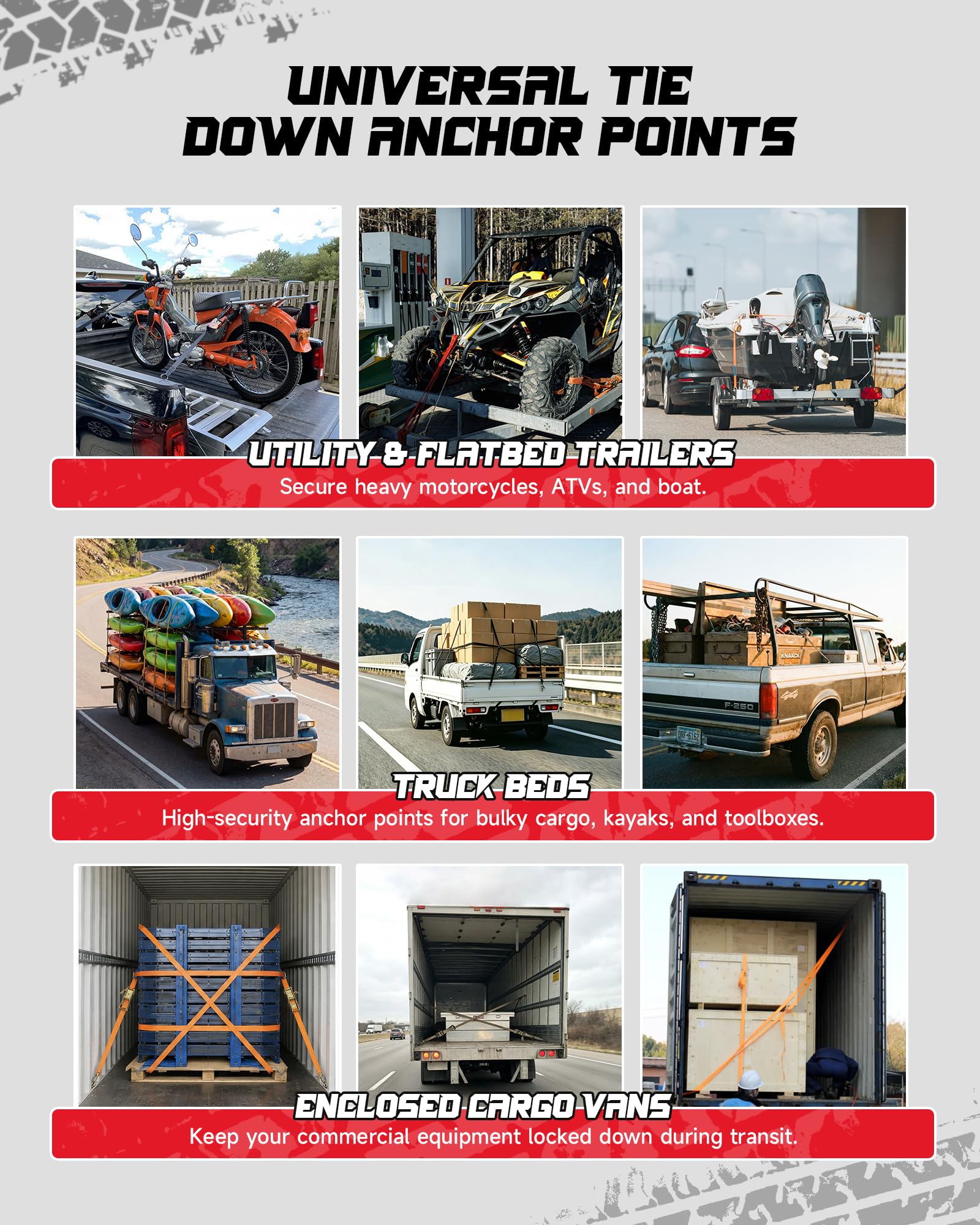 AMBULL installed in a trailer bed securing a motorcycle, illustrating improved cargo stability