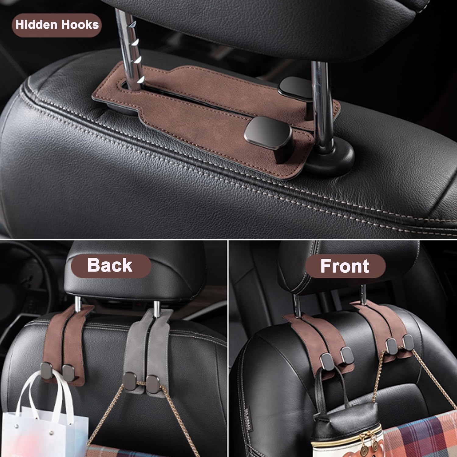 Amelity headrest hook holding grocery bag showing sturdy metal core and load support benefit stable storage