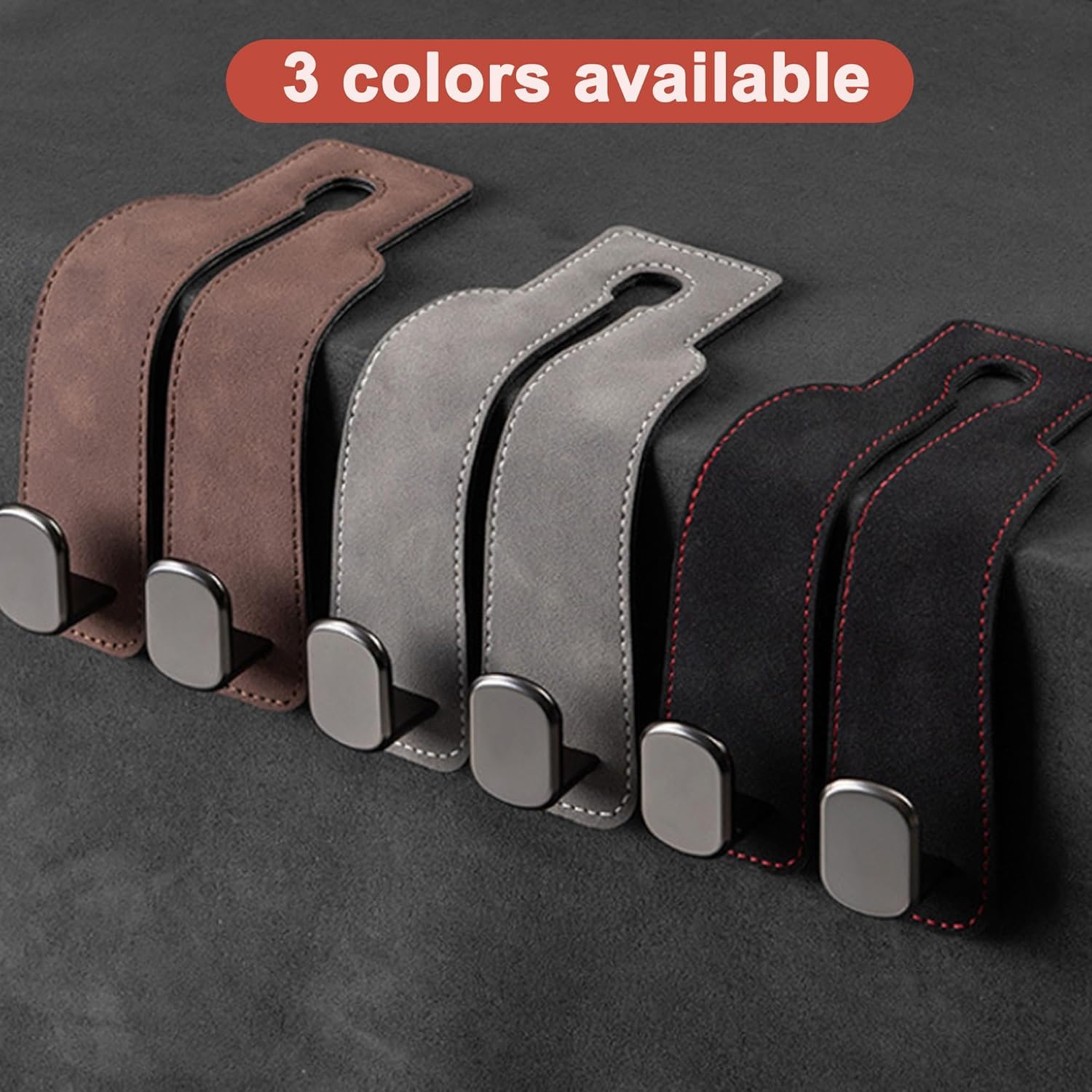 Amelity headrest hook four-pack in car lifestyle scene showing versatile placement benefit multiple mounting options