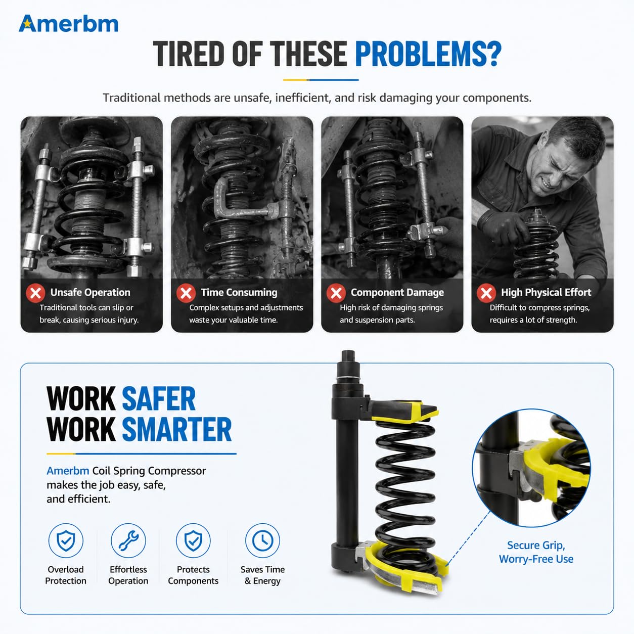 Amerbm compressor in use on a MacPherson strut demonstrating faster powered operation