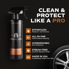 Americana Global spray being applied to vehicle surface demonstrating quick, waterless cleaning