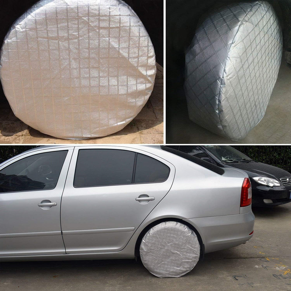 AmFor tire covers on parked camper showing weather protection