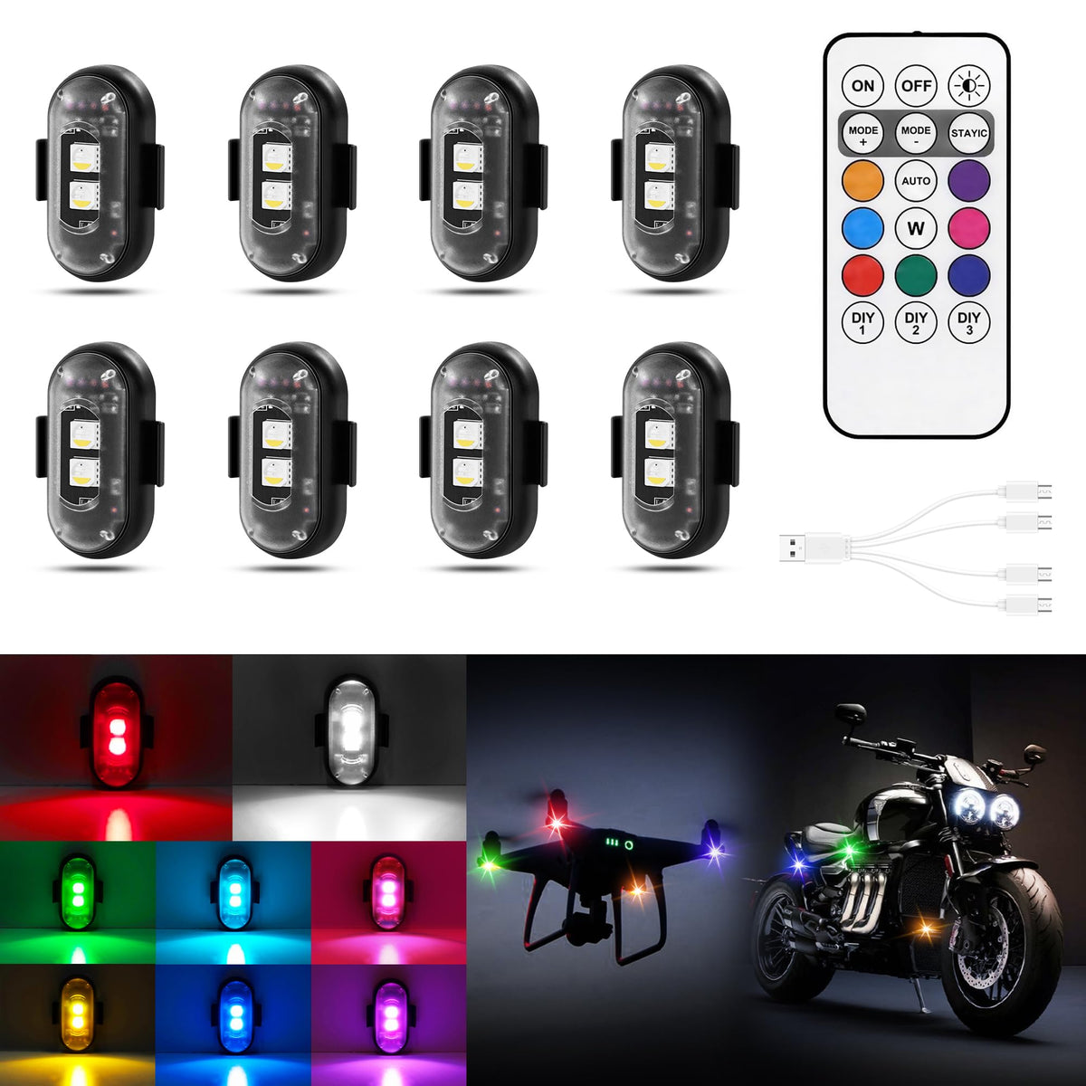 Amiline front view of eight compact strobe lights showing size and quick mount benefit