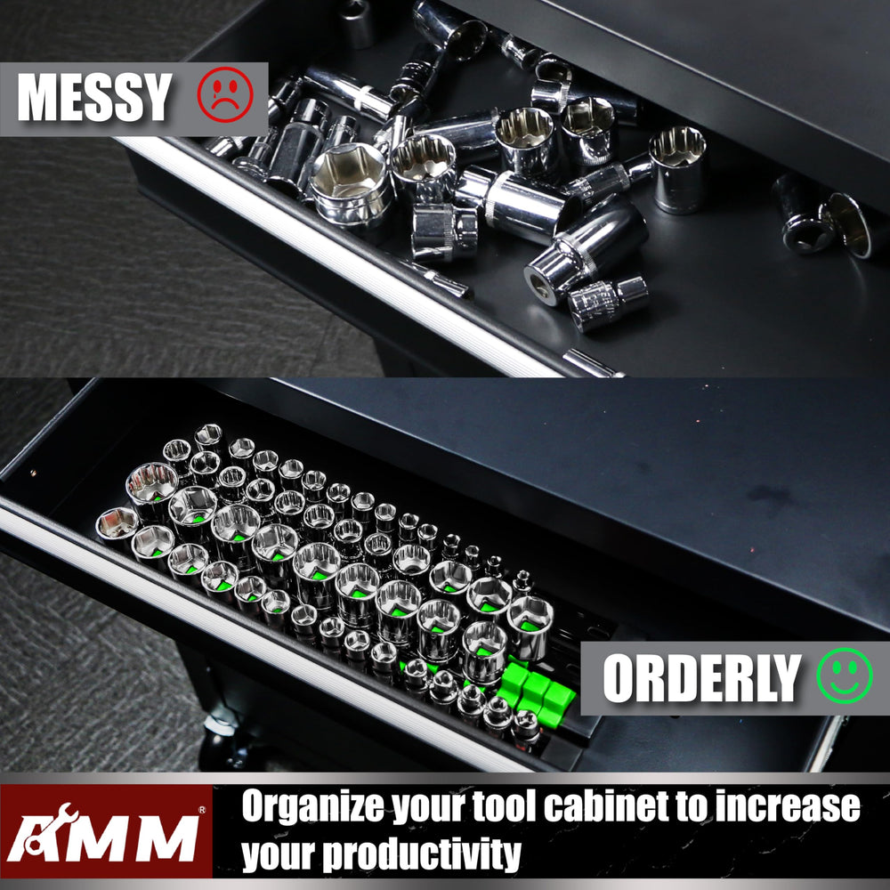 AMM rails installed in a toolbox drawer keeping sockets organized and easy to find