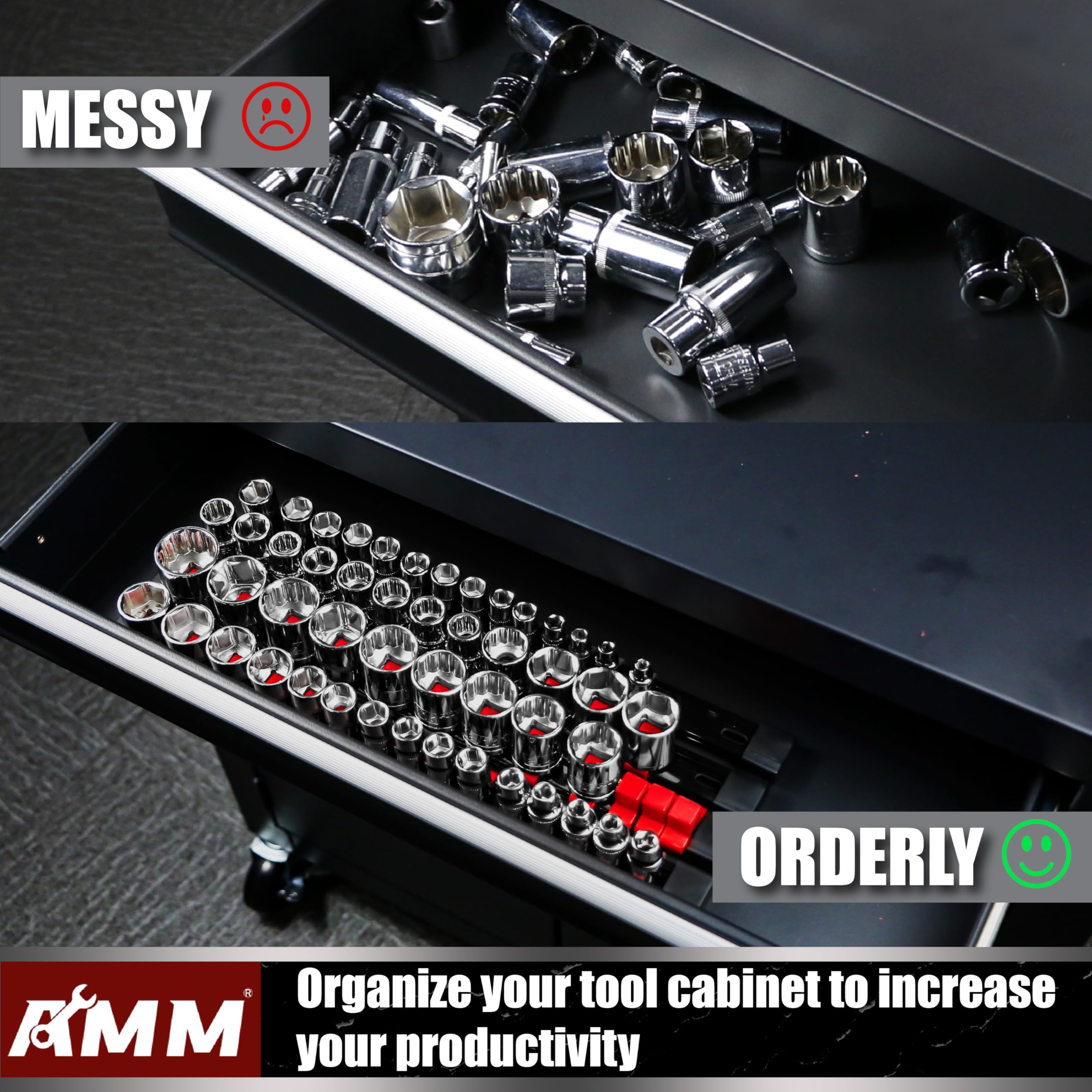 AMM rail inside toolbox drawer showing space-saving organization advantage