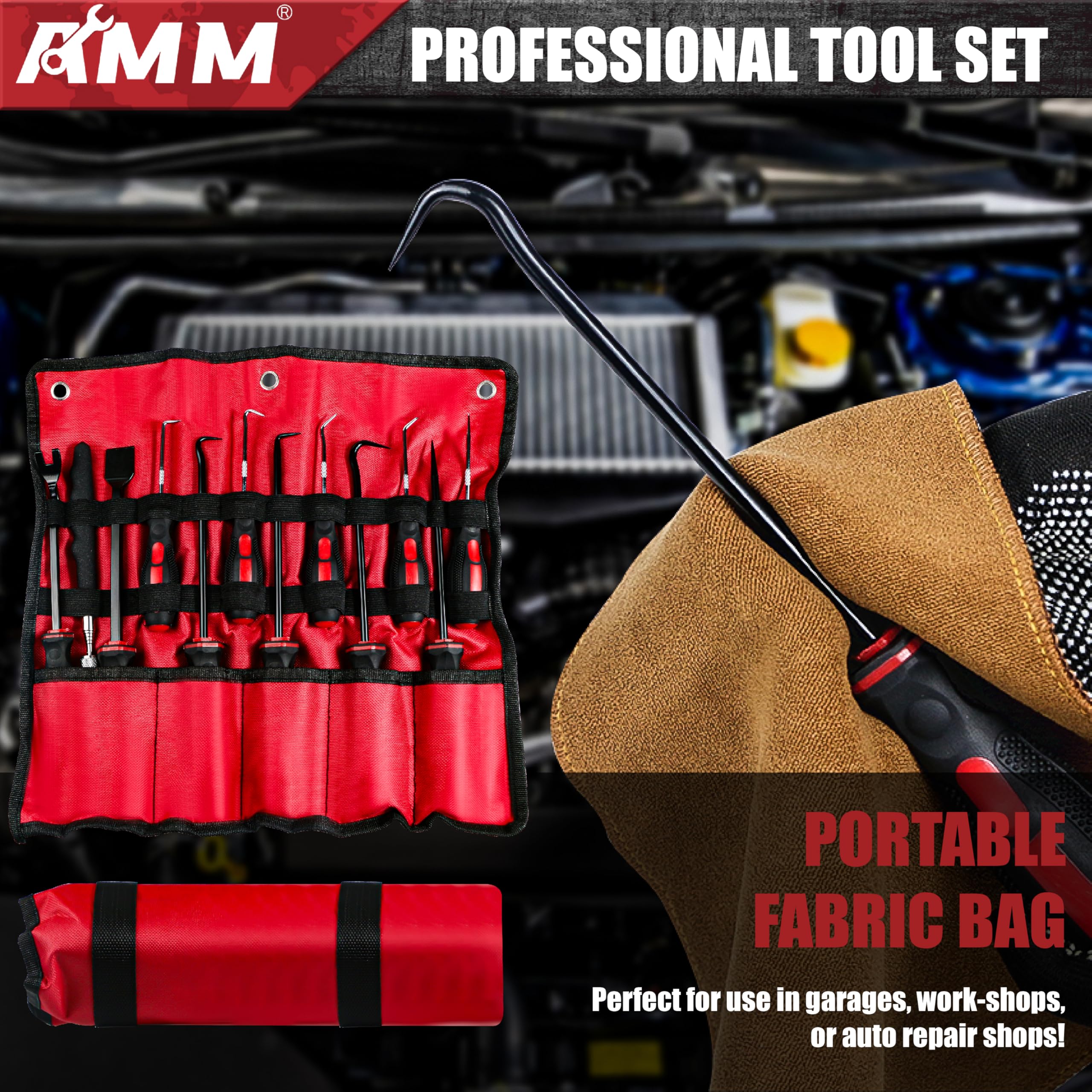 AMM toolset being used on car engine bay to reach and remove small parts