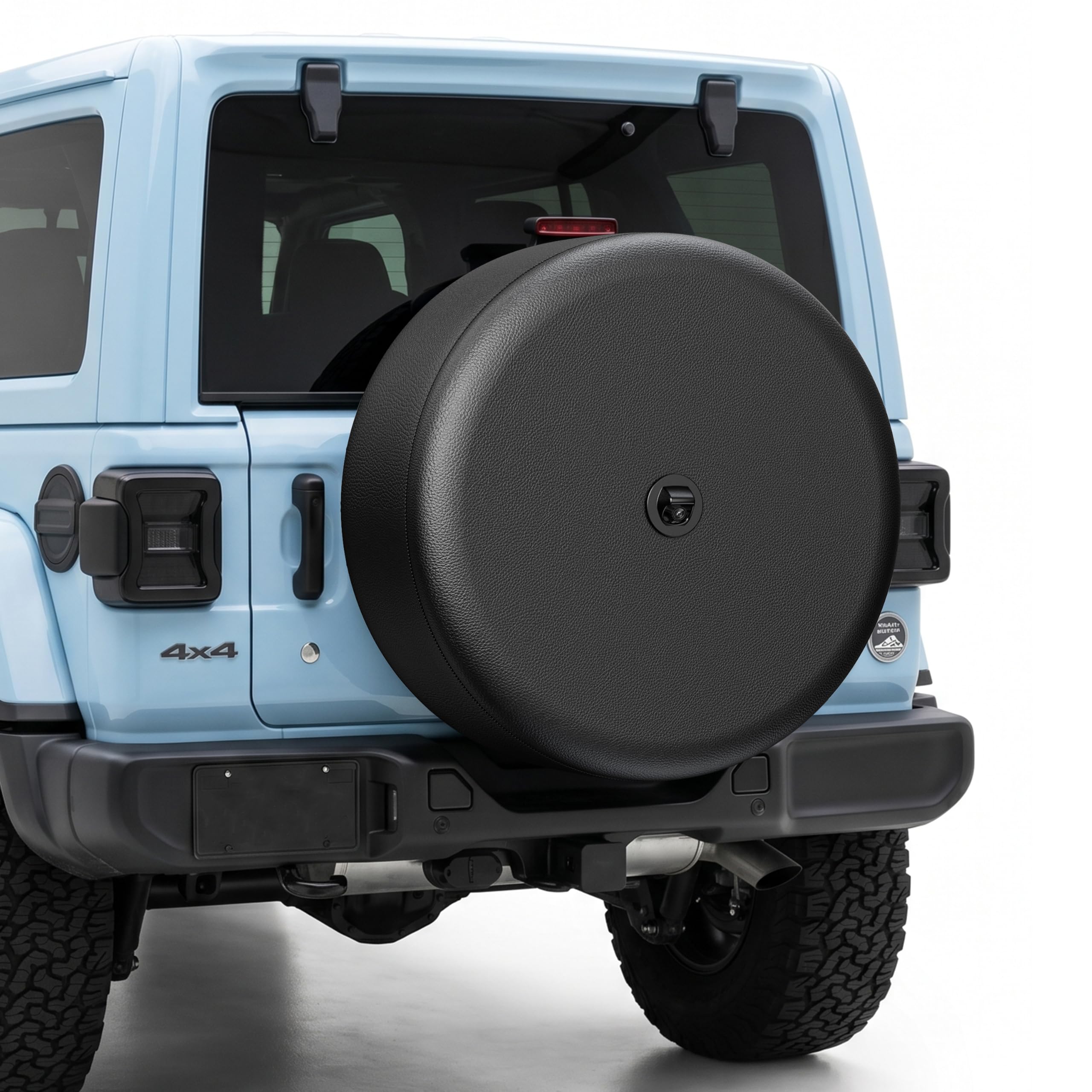 Amooca spare tire cover front view showing camera hole and protective hood for visibility