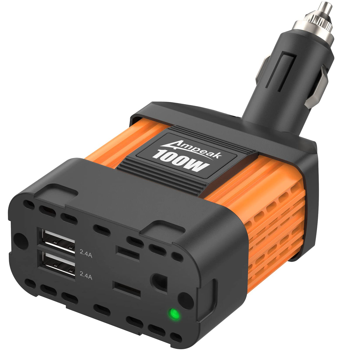 Ampeak front view of inverter showing AC outlet and dual USB for convenient charging