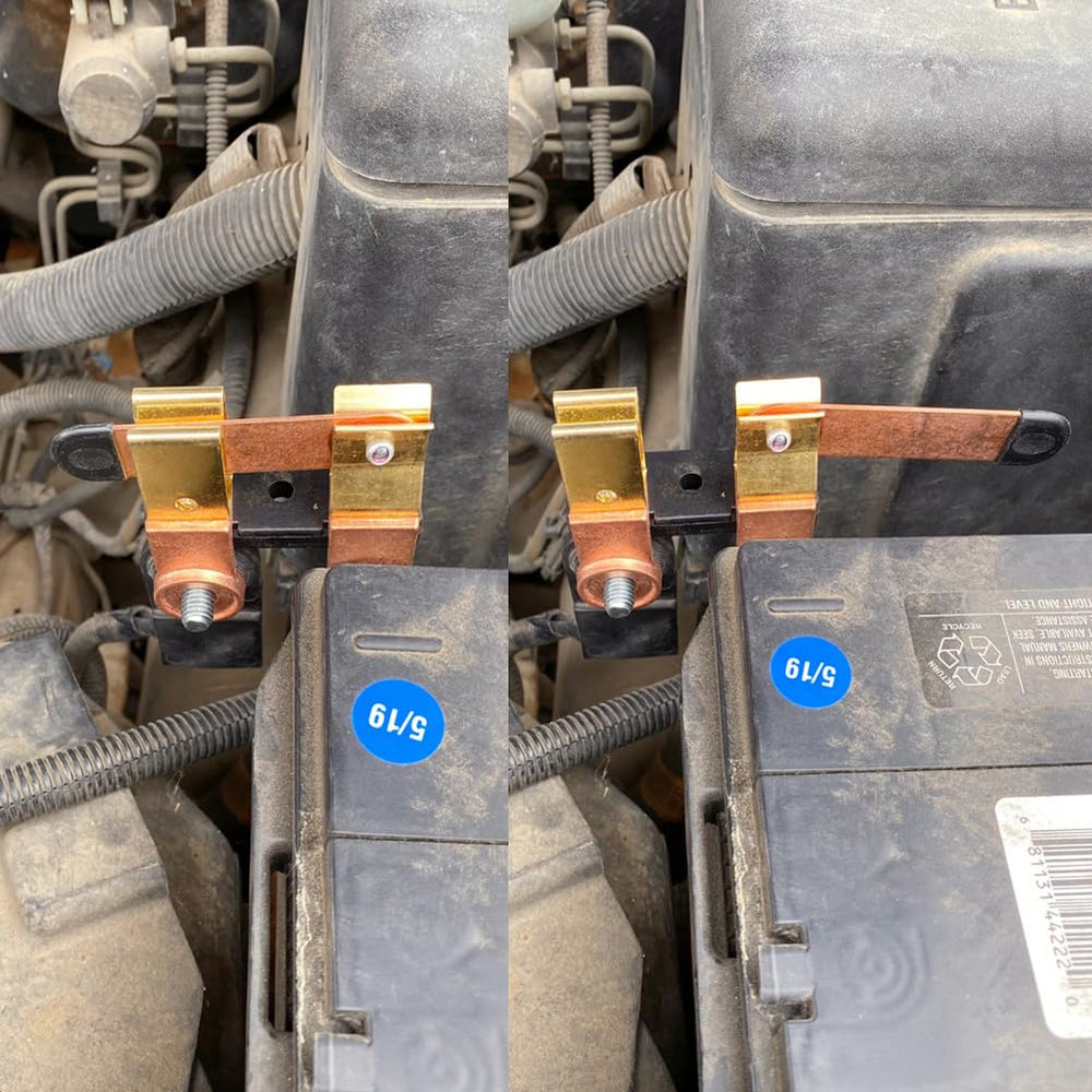 Ampper installed on car negative post demonstrating secure fit and no-drain benefit