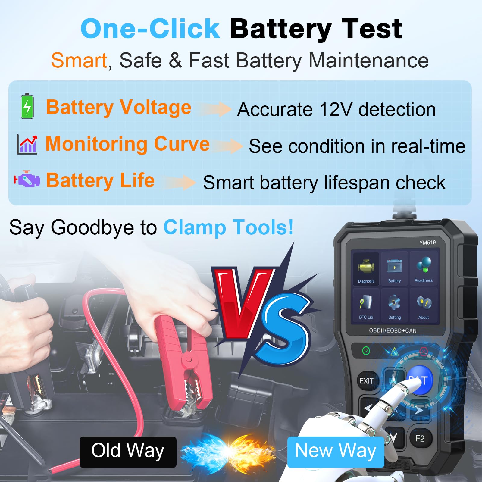 AMTIFO close-up of battery tester readout showing voltage and health