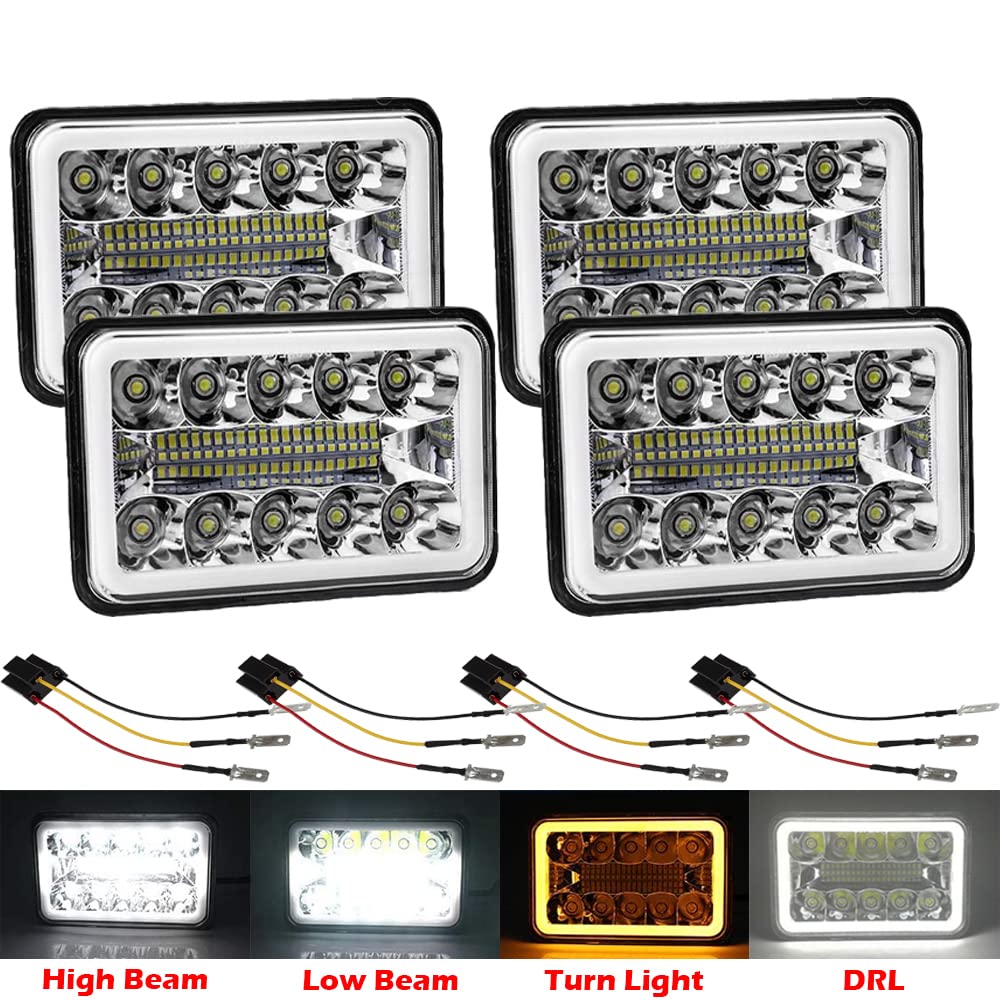 AMUNIESUN front-facing 4x6 headlight set showing bright halos and LEDs for modern look
