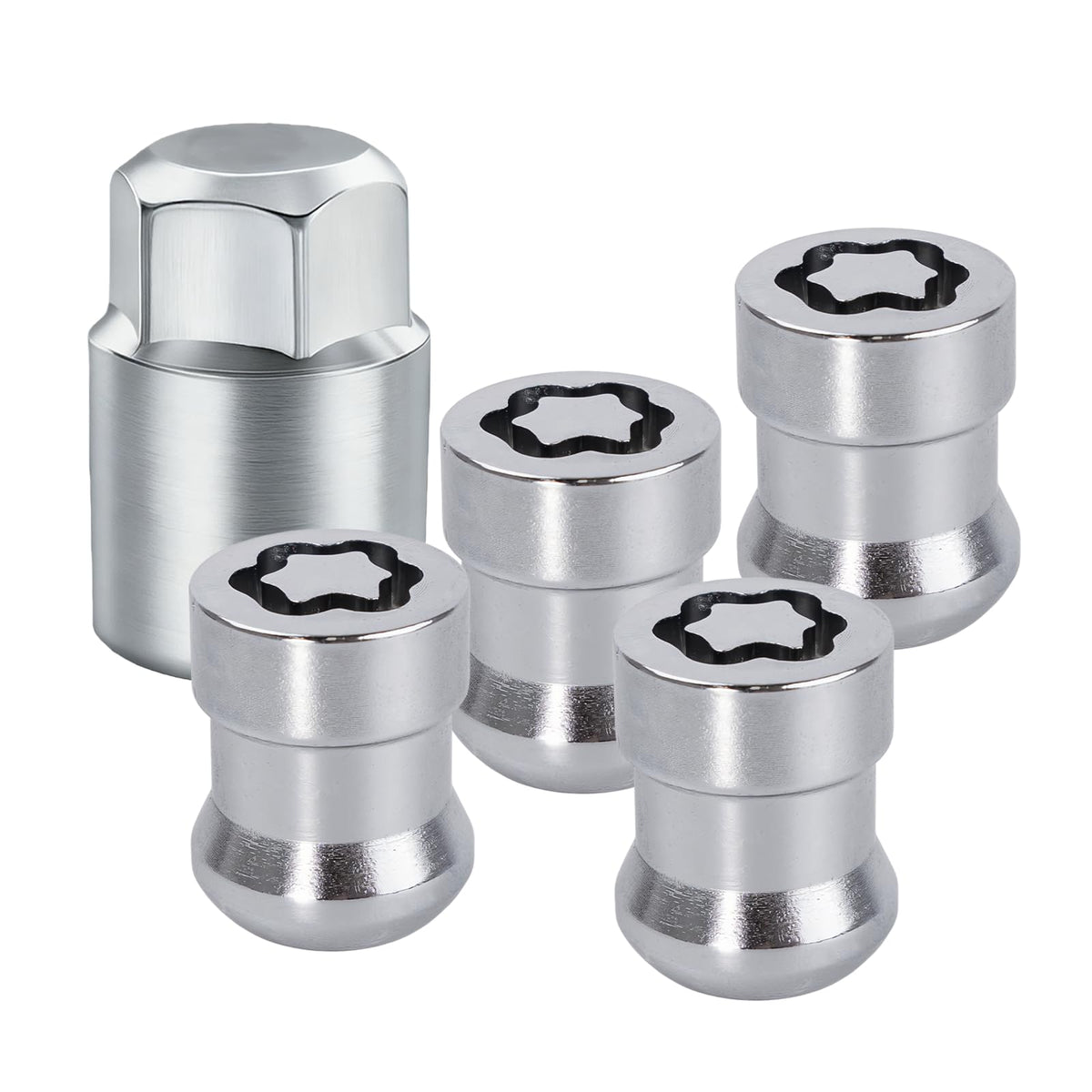 AMZAUTO front view showing four chrome wheel locks and key for visible security