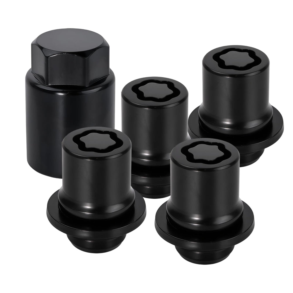 AMZAUTO front view of four black-chrome wheel locks showing anti-theft design and curb appeal