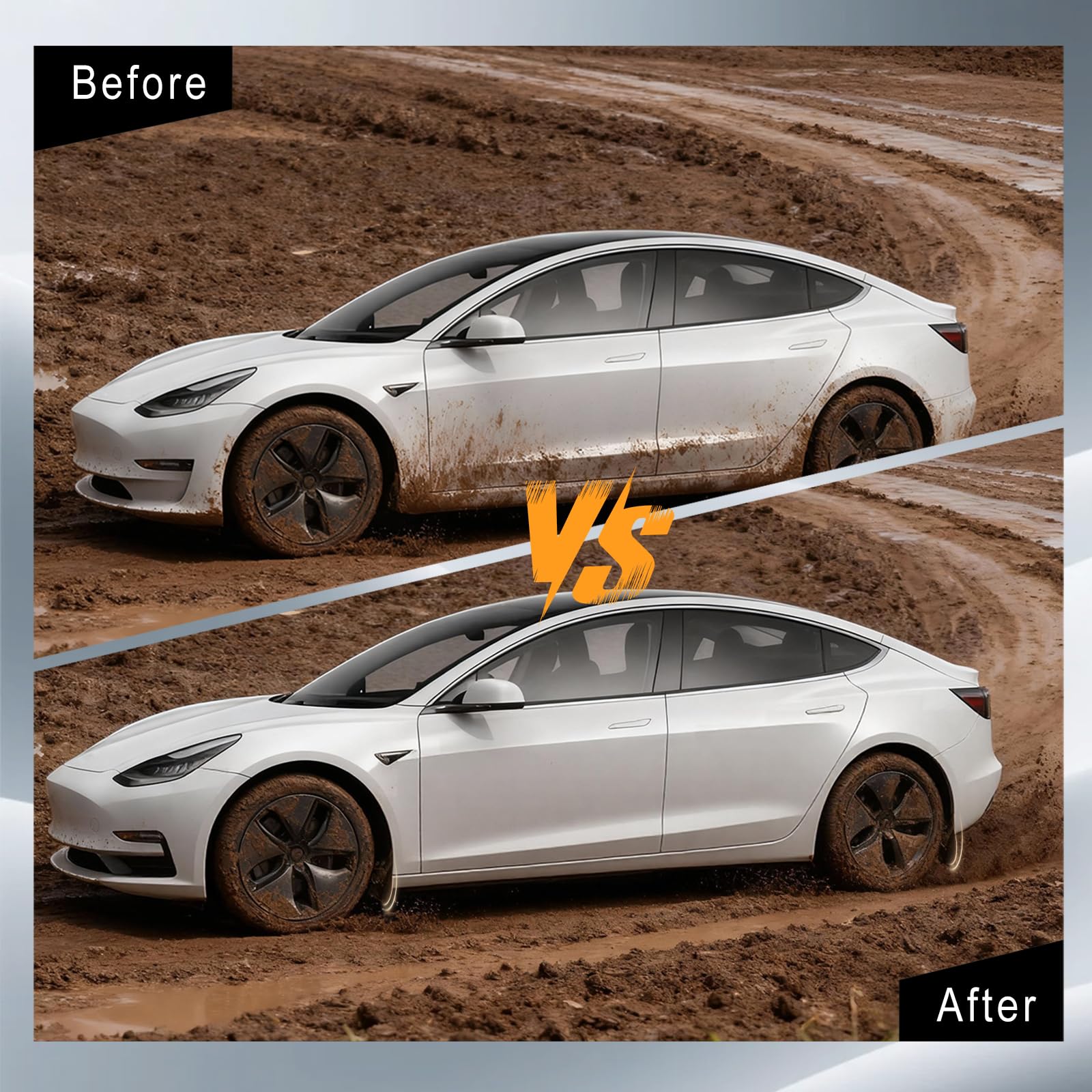AMZAUTO Model Y driving on wet road illustrating water diversion and cleanliness