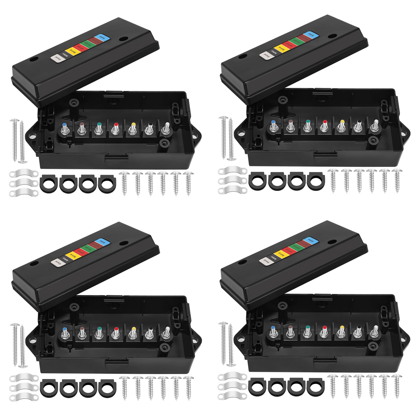 Anayguto front view of black 7 way junction box showing sealed lid and mounting points, protects connections
