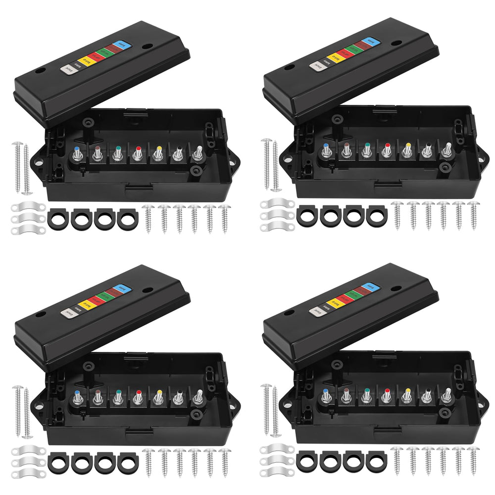 Anayguto front view of black 7 way junction box showing sealed lid and mounting points, protects connections