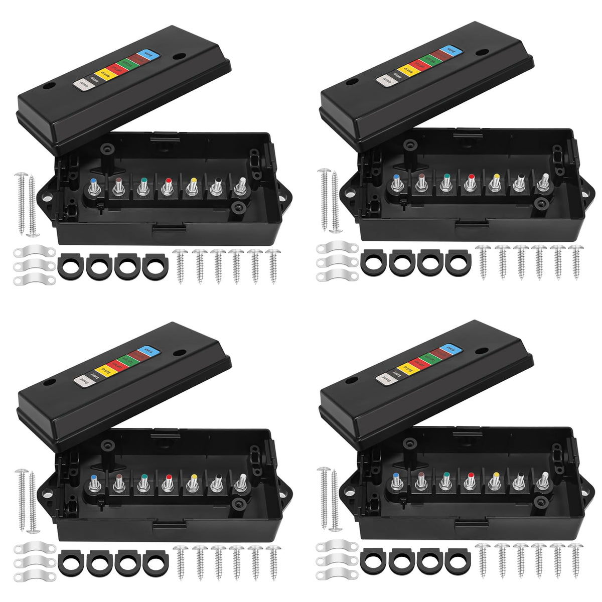 Anayguto front view of black 7 way junction box showing sealed lid and mounting points, protects connections