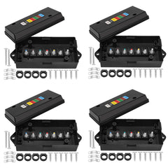 Anayguto front view of black 7 way junction box showing sealed lid and mounting points, protects connections