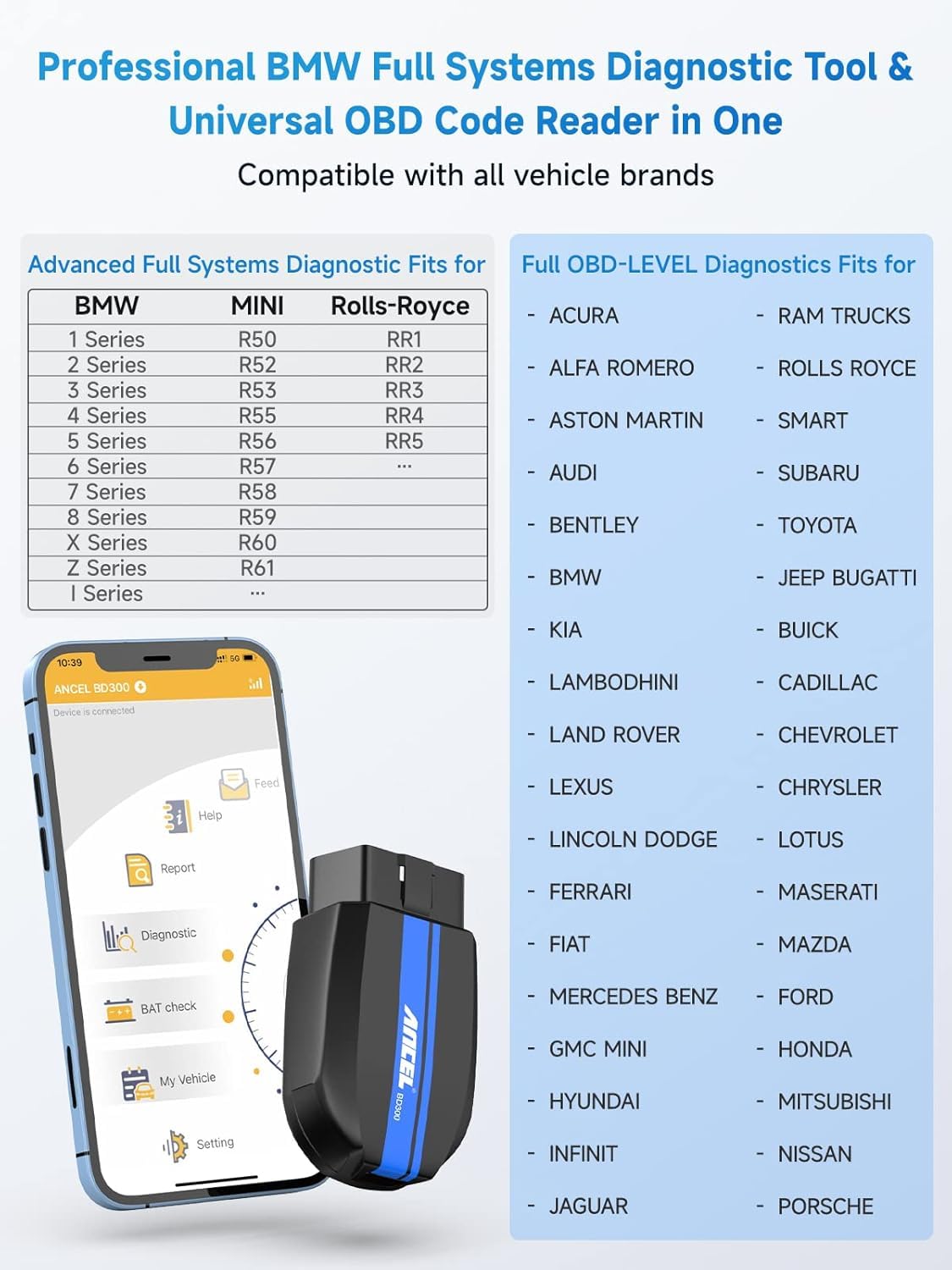ANCEL BD300 in a garage setting with technician using it for quick fault checks