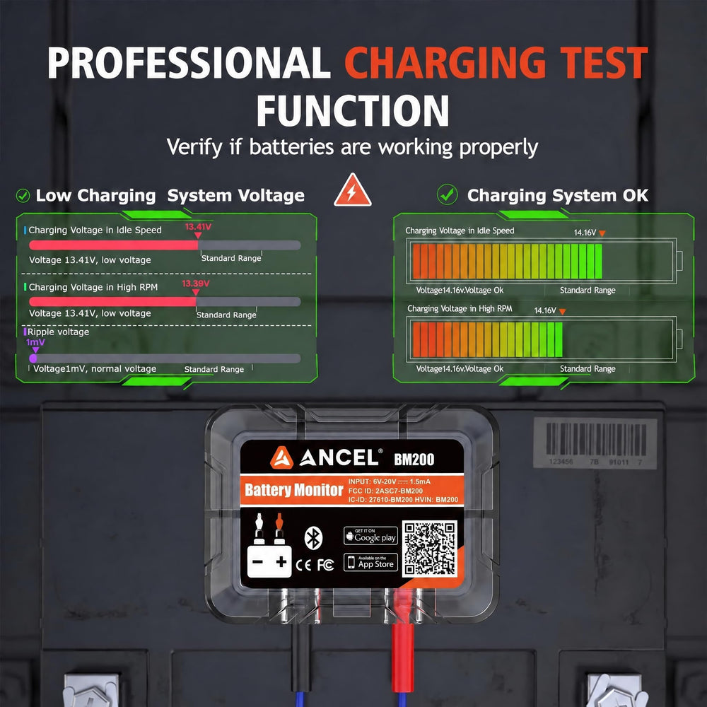 ANCEL BM200 app live readout on smartphone showing voltage and temperature metrics
