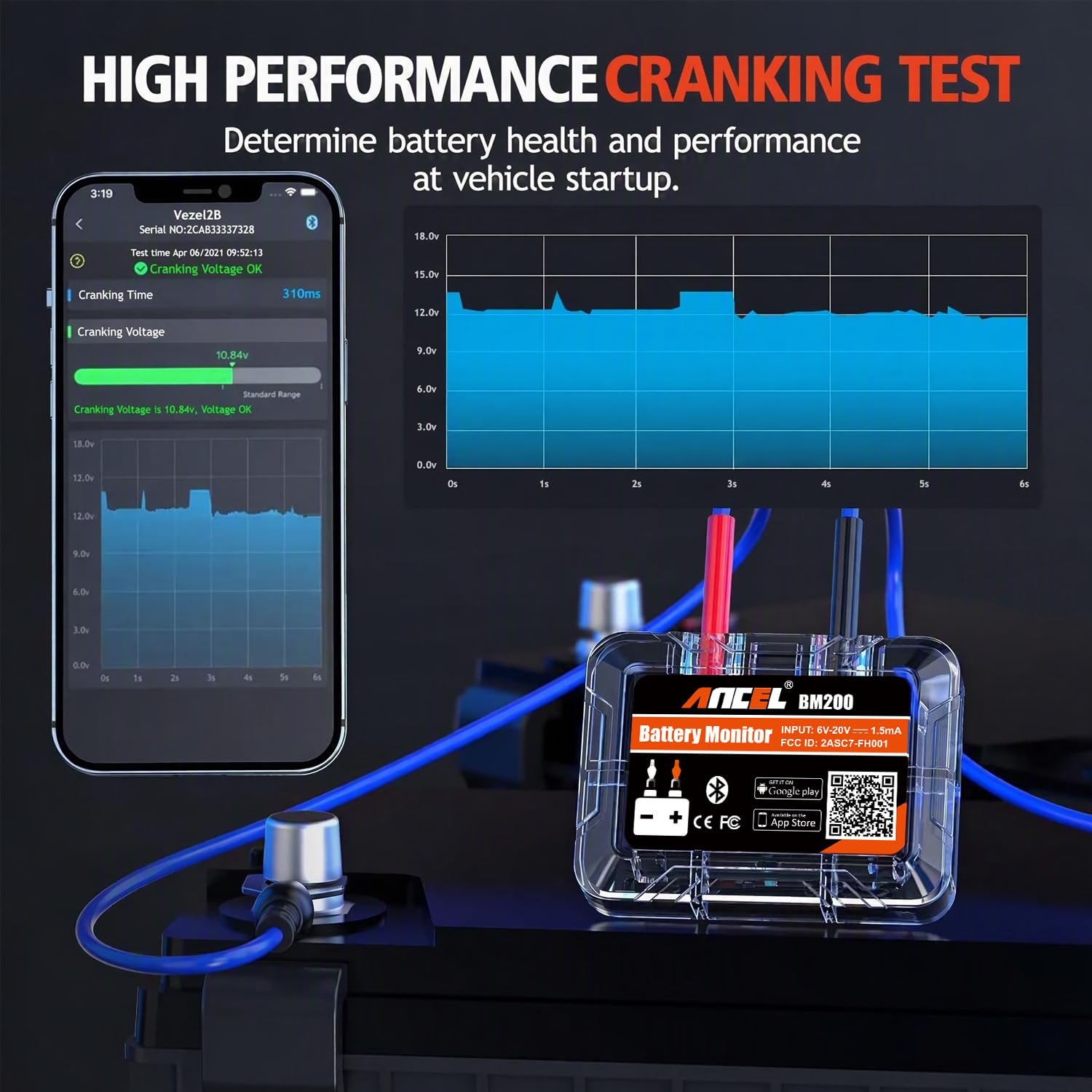 ANCEL BM200 installed under hood on battery terminals demonstrating neat wiring
