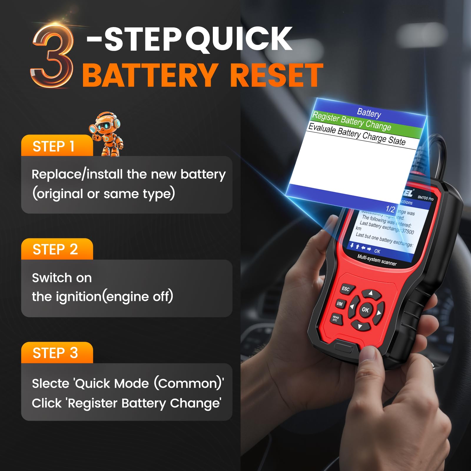 ANCEL BM700 PRO battery registration screen showing step-by-step prompts during replacement