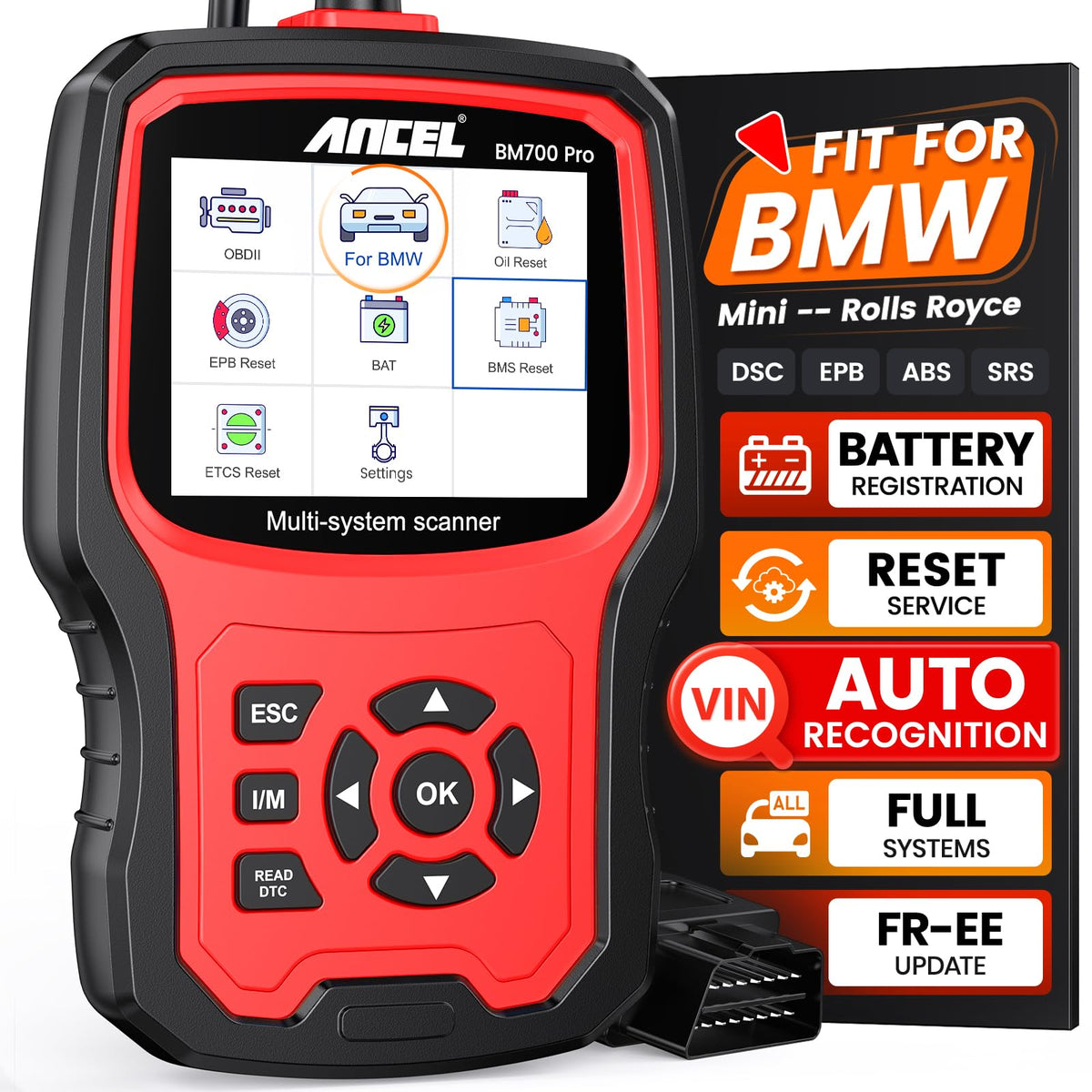 ANCEL BM700 PRO front view showing compact red scanner and screen, quick recognition