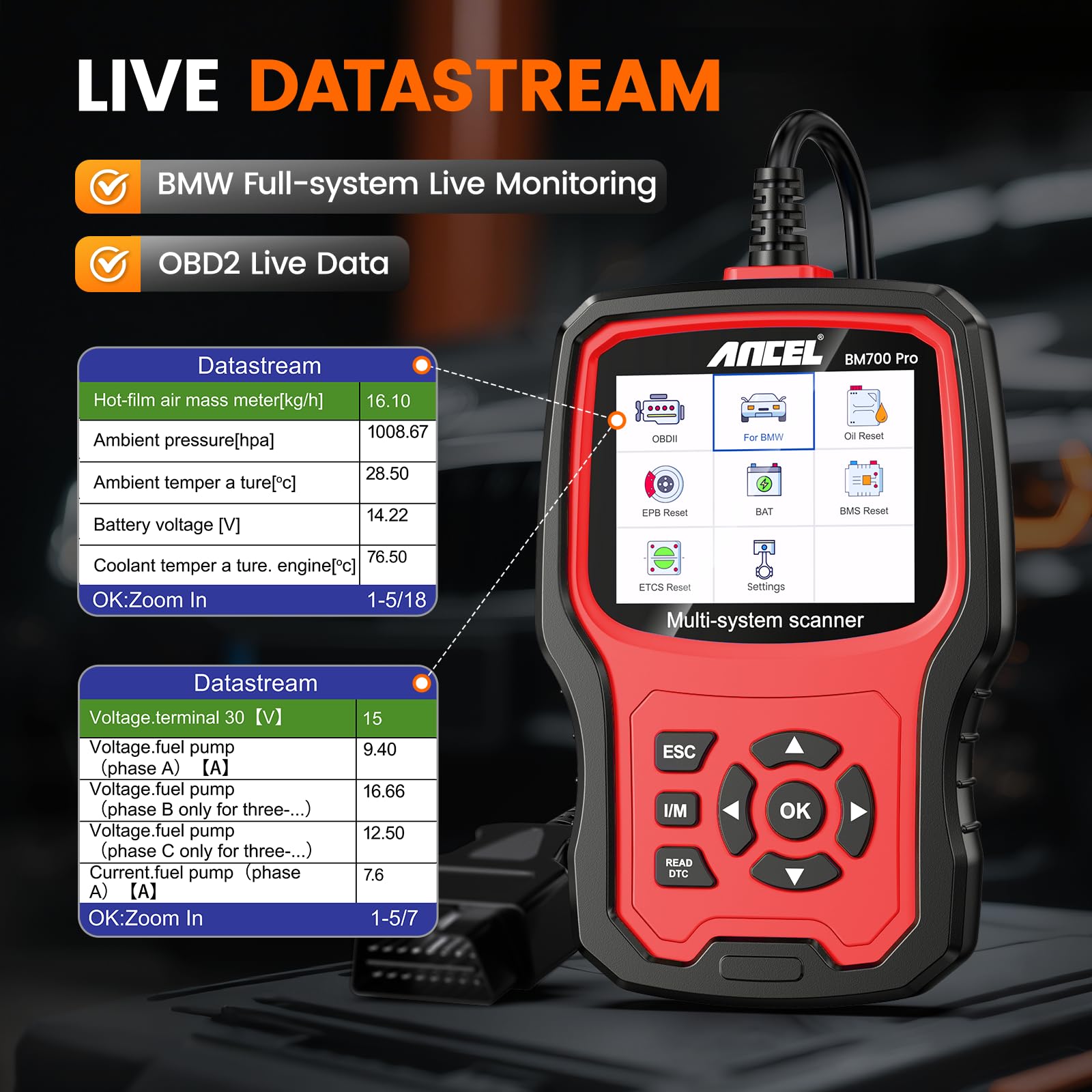 ANCEL BM700 PRO plugged into car OBD port showing plug-and-play convenience in use