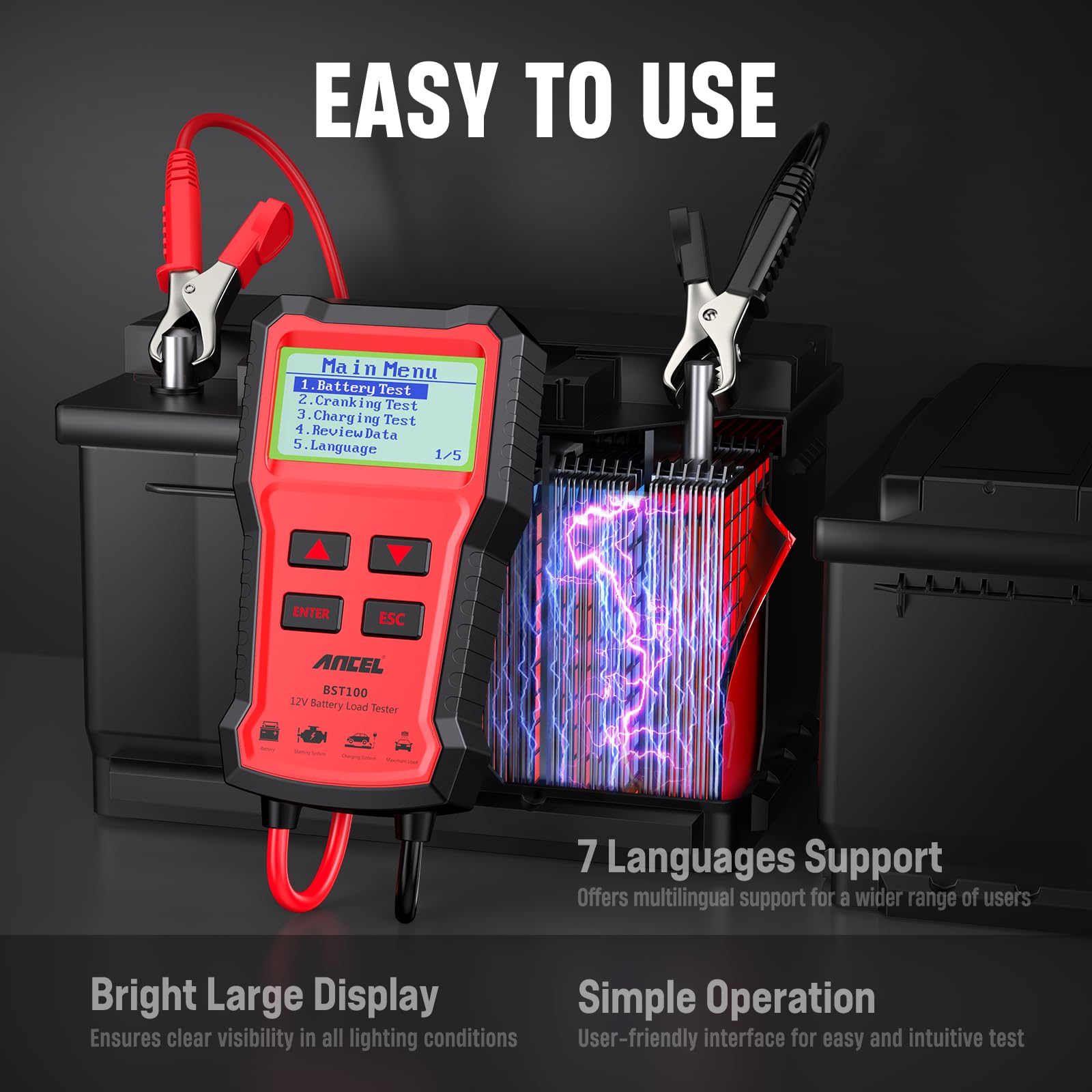 ANCEL BST100 in hand for scale showing compact portable design for field use