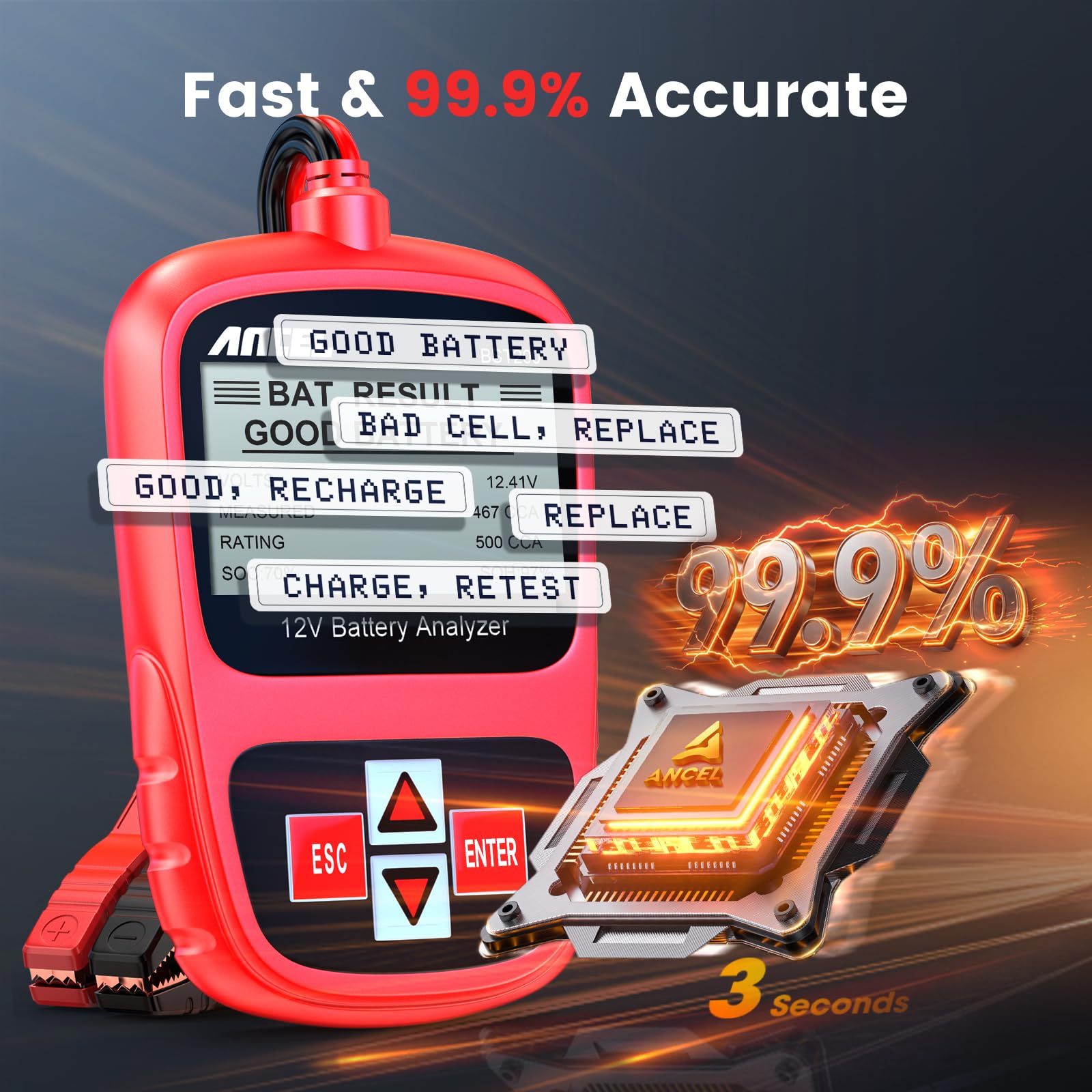 ANCEL BST200 on bench next to battery for out-of-vehicle testing clarity