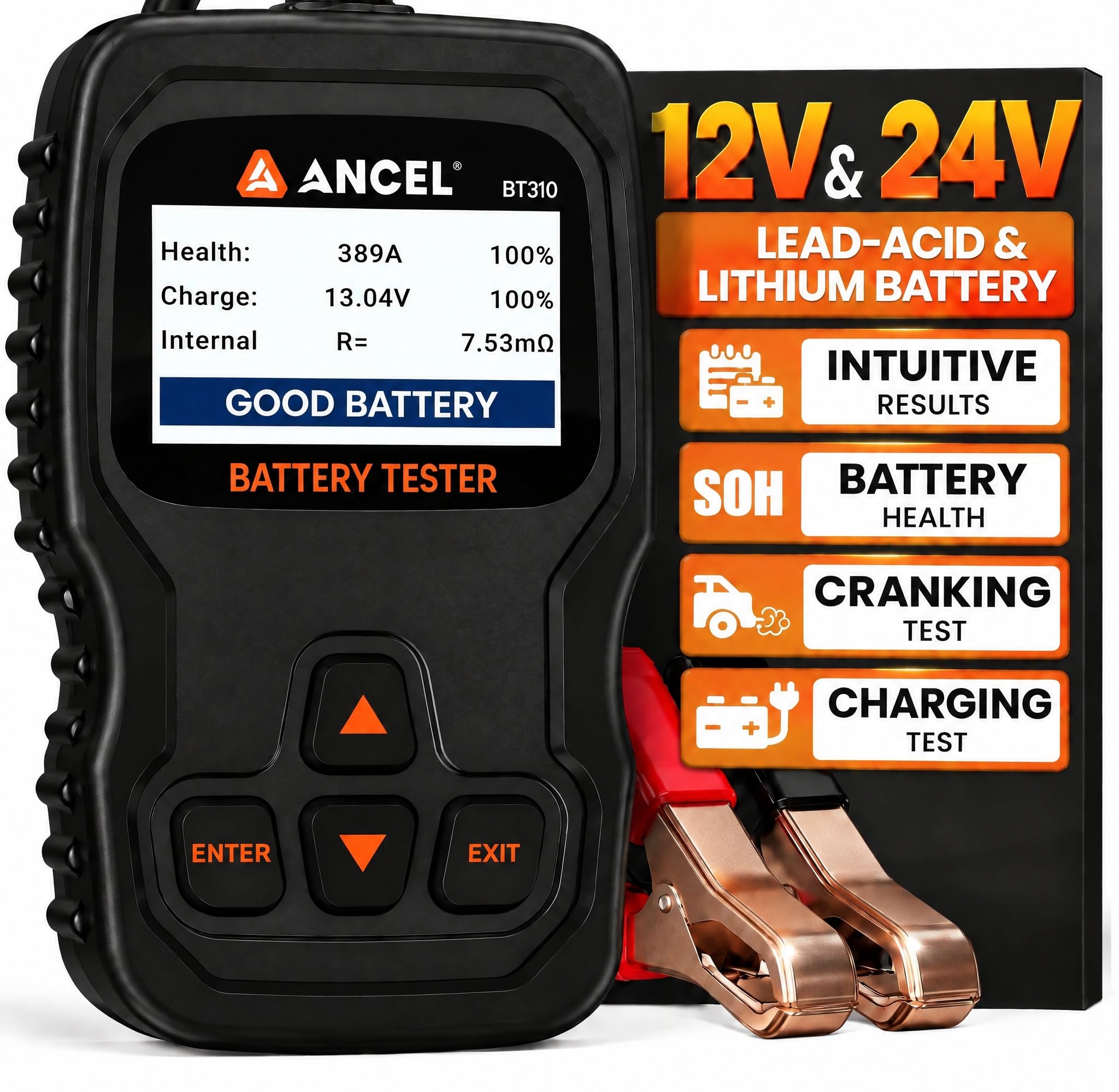 ANCEL BT310 front view showing screen and buttons, clear results for quick diagnosis