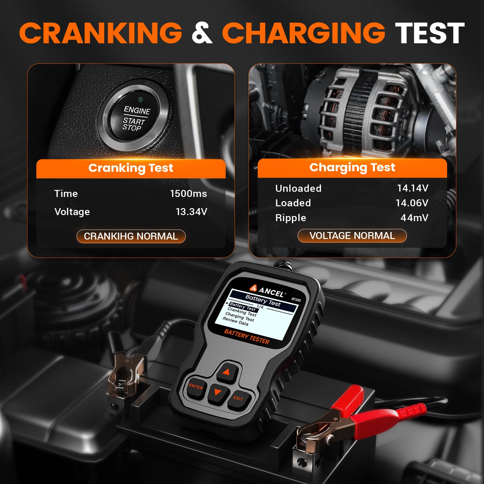 ANCEL BT310 connected to a car battery under hood, fast battery and charging checks