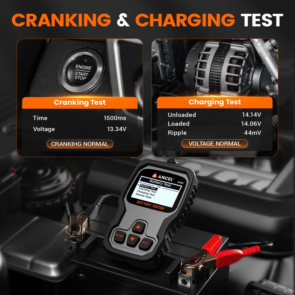 ANCEL BT310 connected to a car battery under hood, fast battery and charging checks