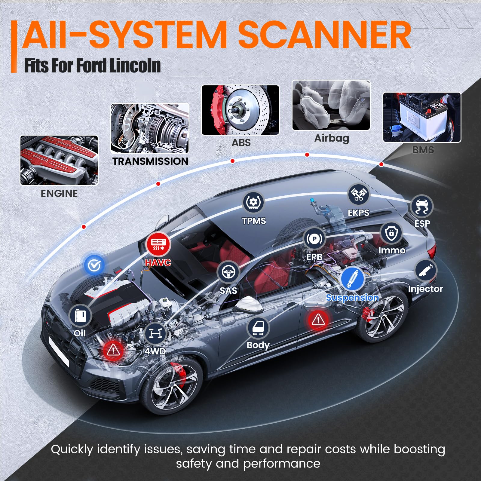 ANCEL FD500 battery registration screen showing Ford battery setup benefit