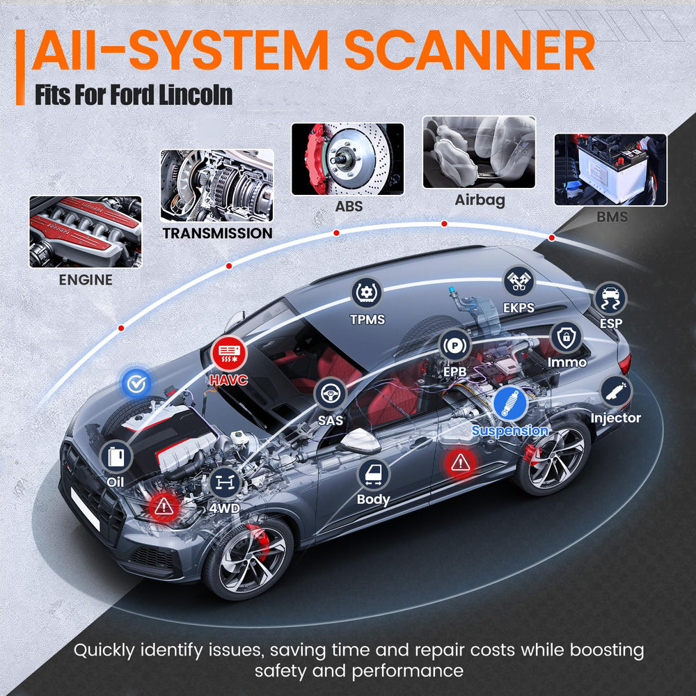 ANCEL FD500 battery registration screen showing Ford battery setup benefit