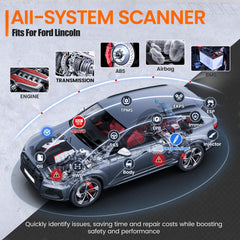 ANCEL FD500 battery registration screen showing Ford battery setup benefit
