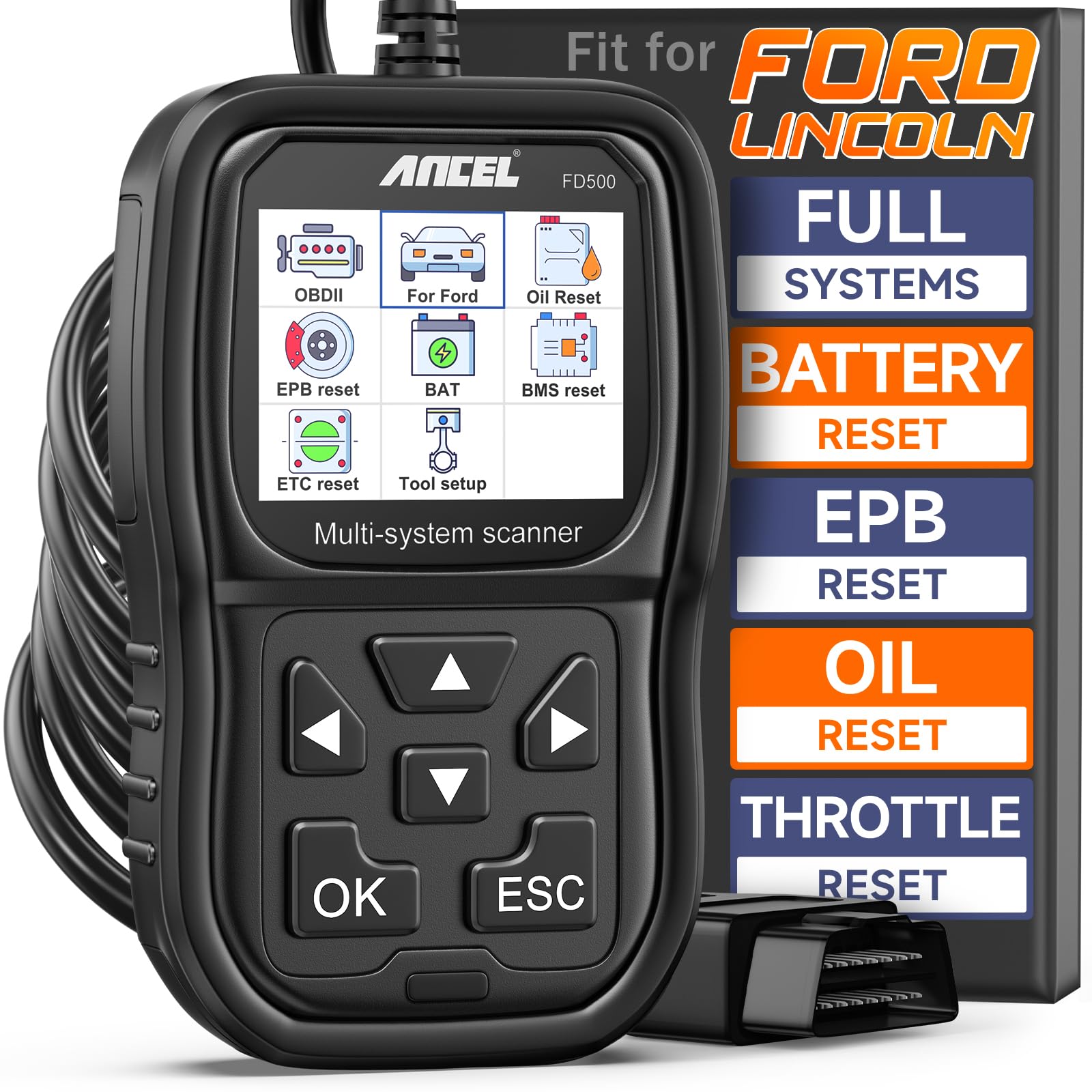 ANCEL FD500 front view showing display and benefits quick diagnostics