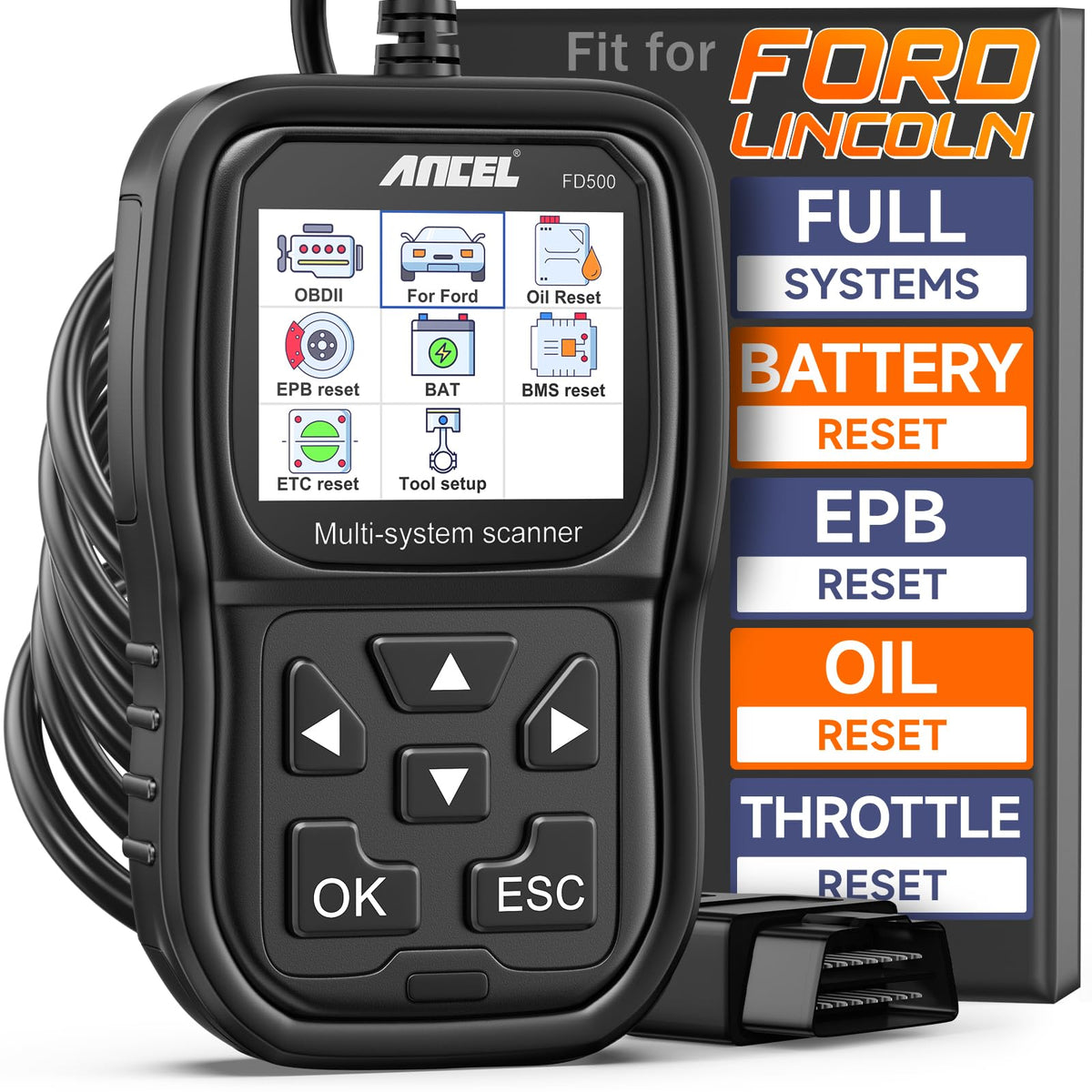 ANCEL FD500 front view showing display and benefits quick diagnostics