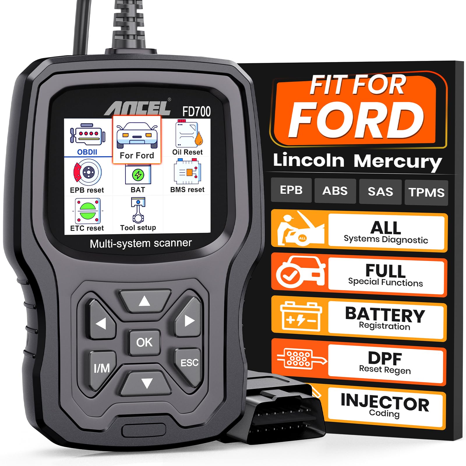 ANCEL FD700 front view showing durable housing and clear display for easy diagnostics