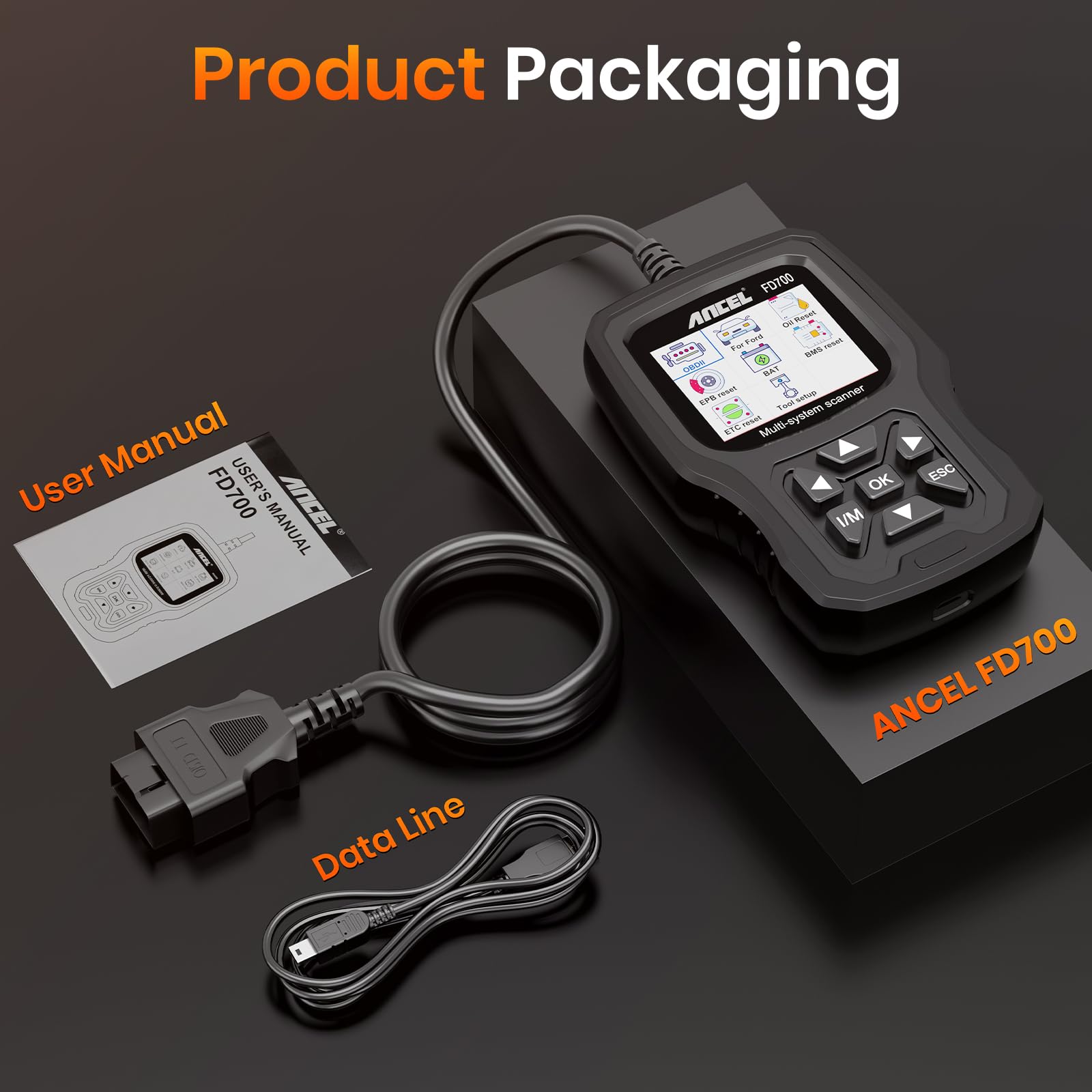 ANCEL FD700 box with manual and cable illustrating included accessories and readiness