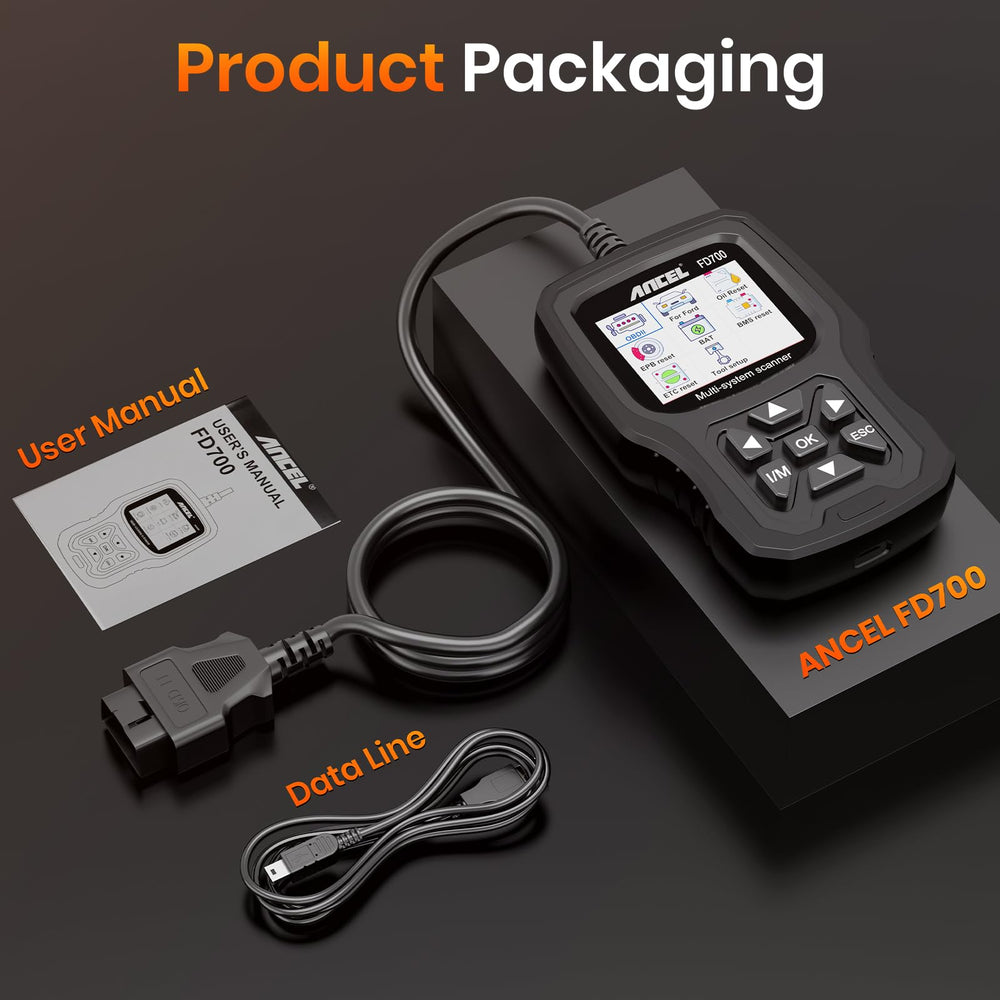 ANCEL FD700 box with manual and cable illustrating included accessories and readiness