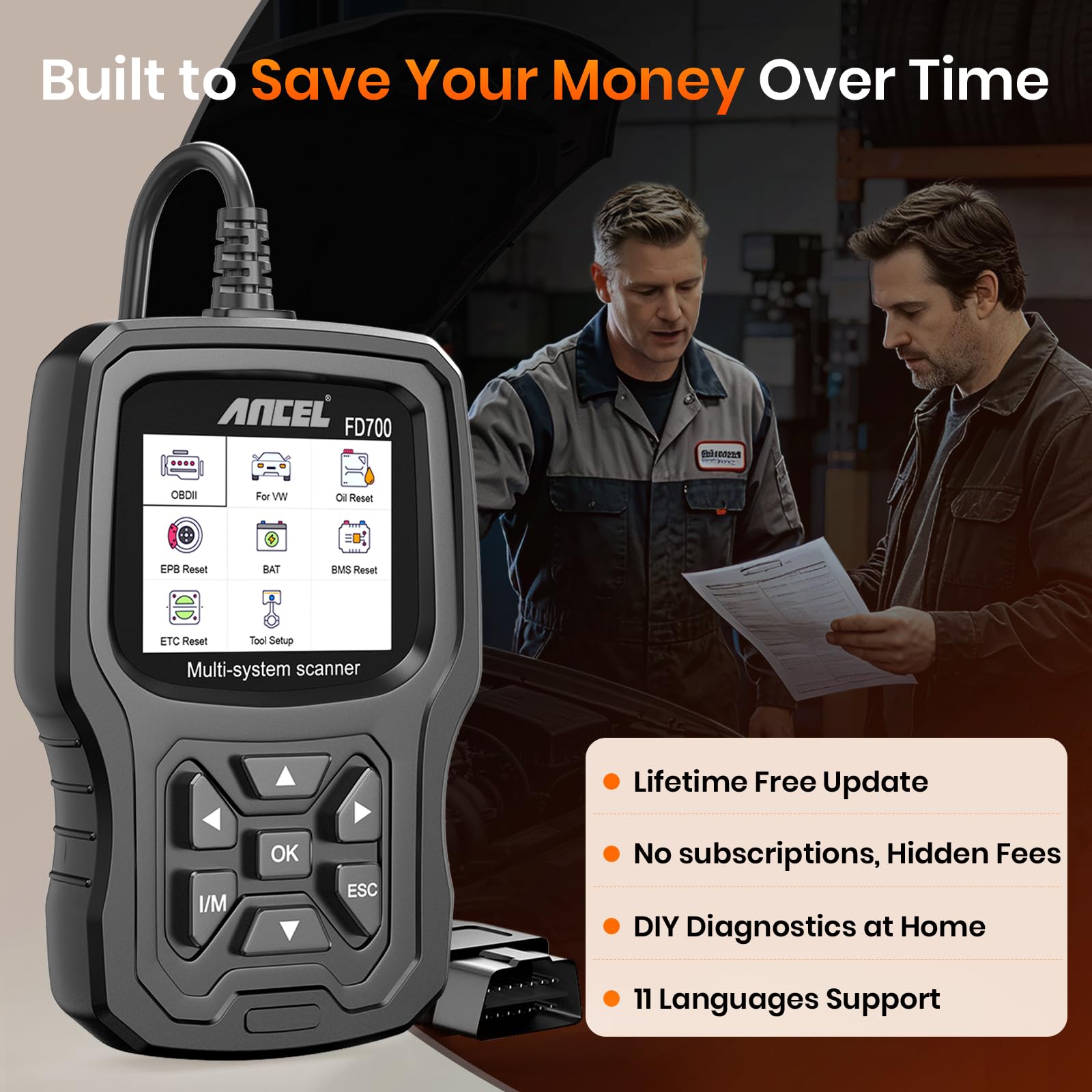 ANCEL FD700 held in hand to show compact size and ergonomic, non-slip grip