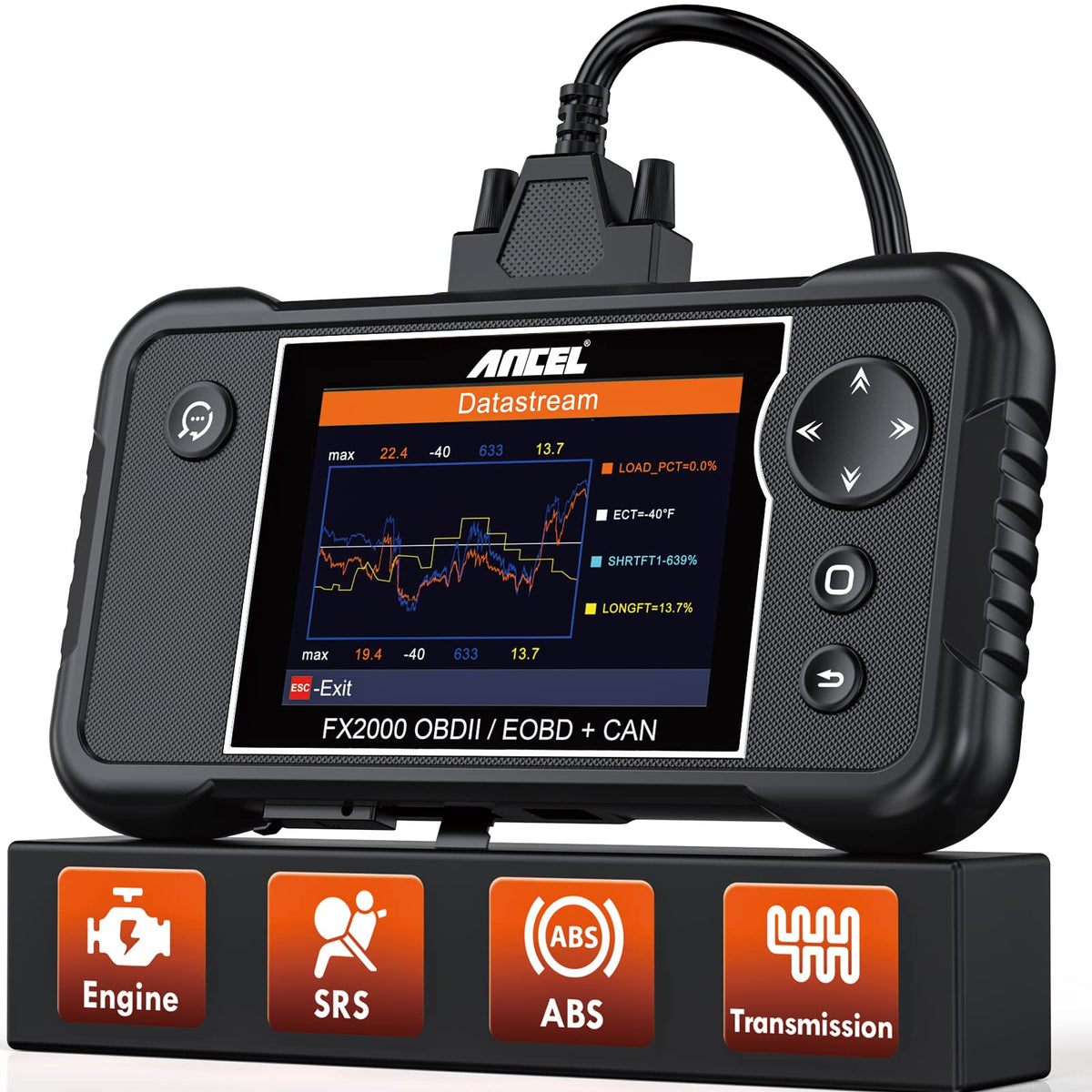ANCEL scanner front display showing codes and benefit quick diagnostics