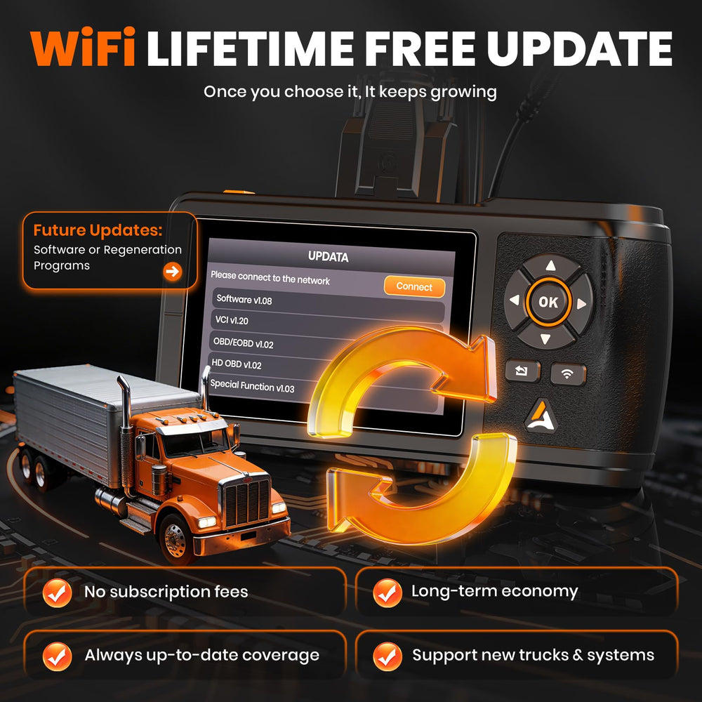 Mechanic using ANCEL HD430 in garage demonstrating practical on-truck diagnostics