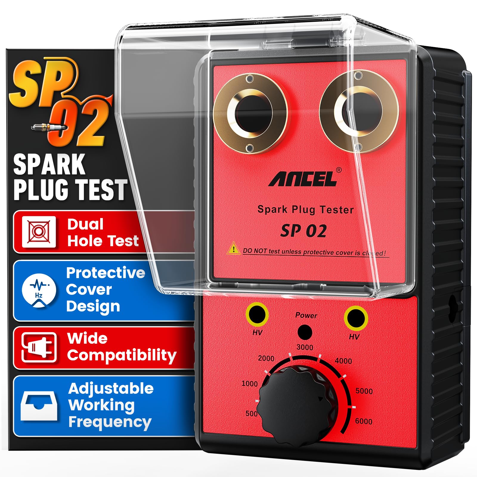 ANCEL SP02 front view showing dual sockets and control knob for quick comparison