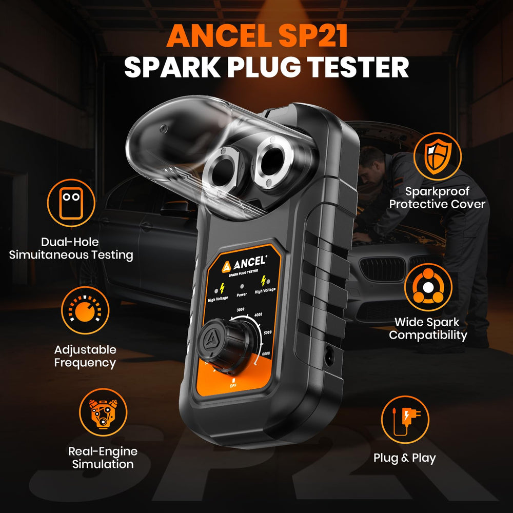 ANCEL SP21 connected to a motorcycle spark plug demonstrating fast on-vehicle testing