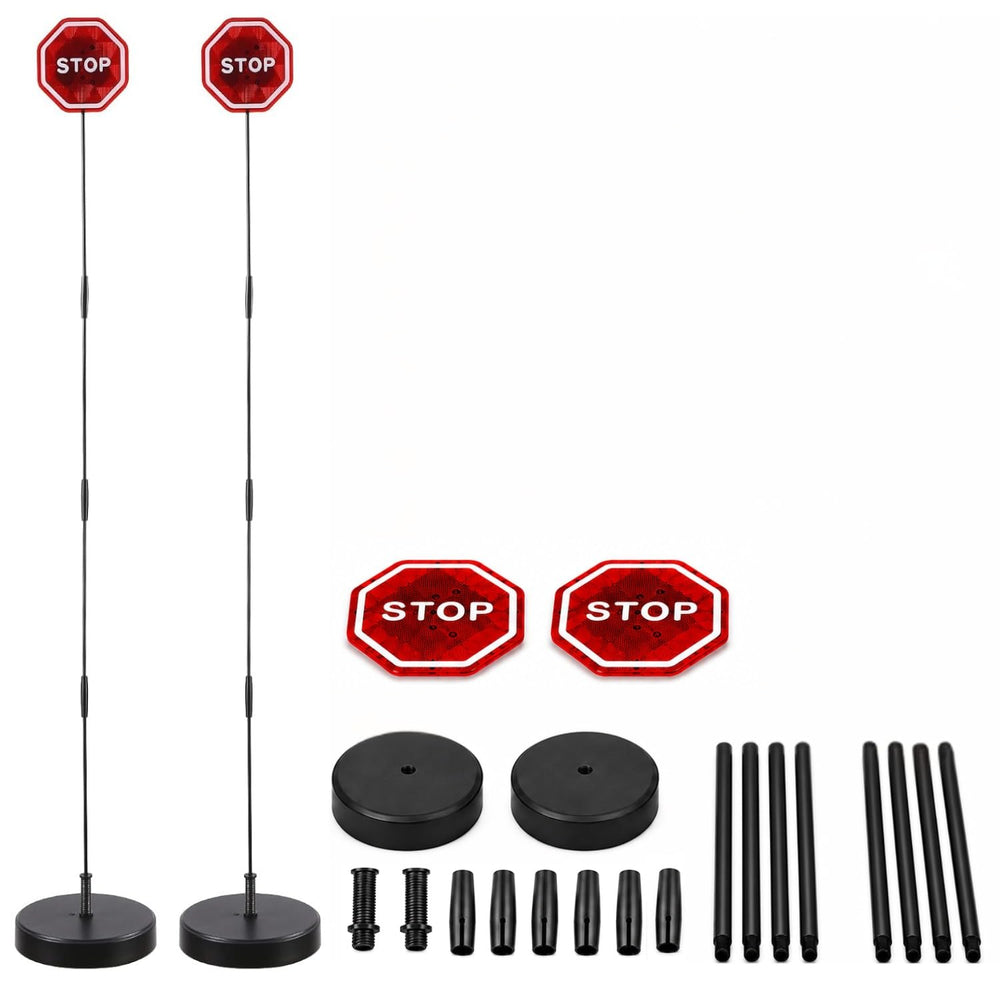 Andalus Brands two-pack front view showing both parking stop signs and benefits